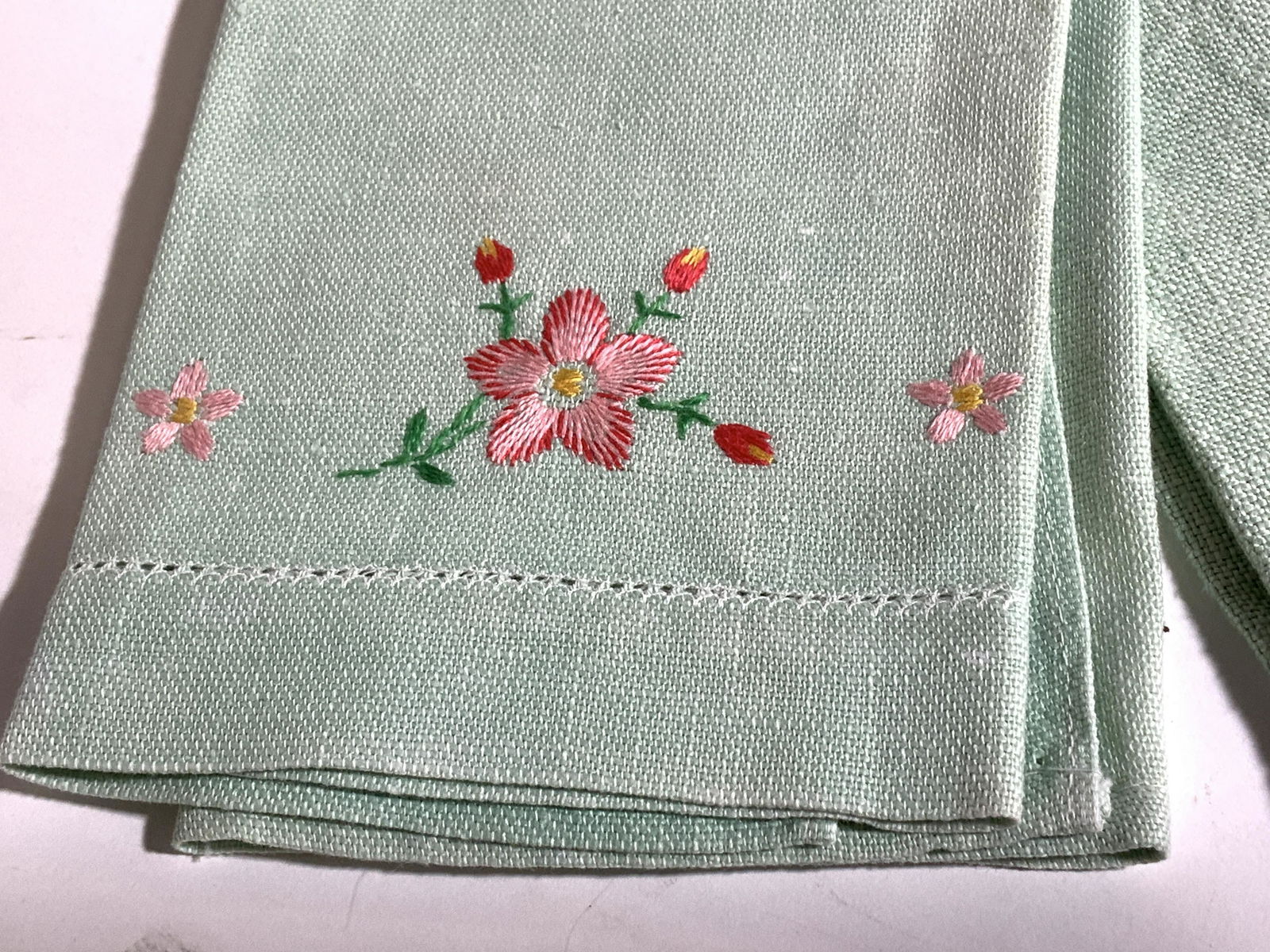 Pair Embroidered Green Linen Tea Towels (1 of 5)