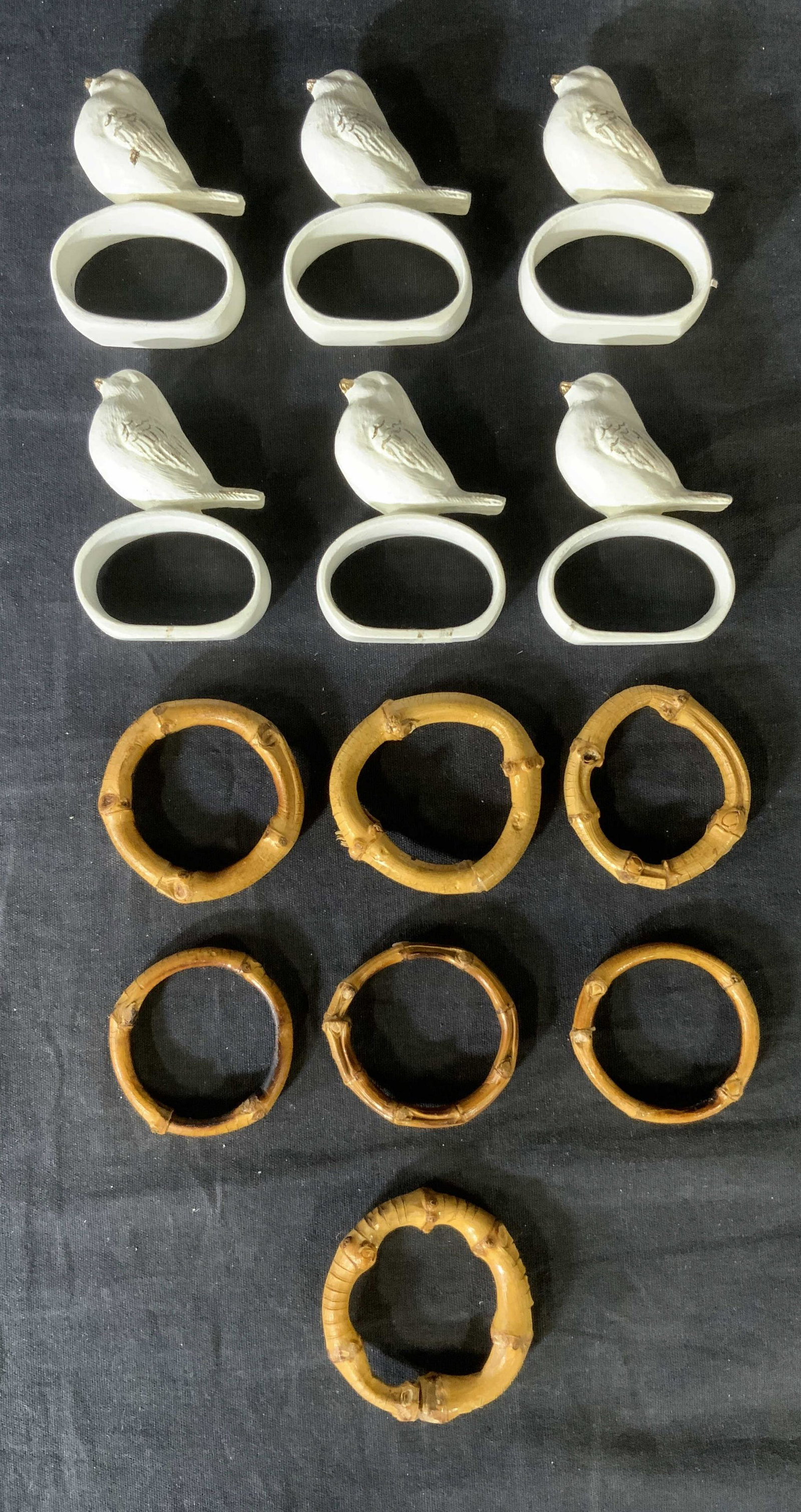Lot 13 Wooden & Bamboo Napkin Rings: Lot 13 Wooden & Bamboo Napkin Rings, no apparent inscriptions or marks, bamboo rings measure approximately 2 1/8 inches in diameter, bird rings measure 2 7/8 x 2 inches wide, surface wear to pieces, N