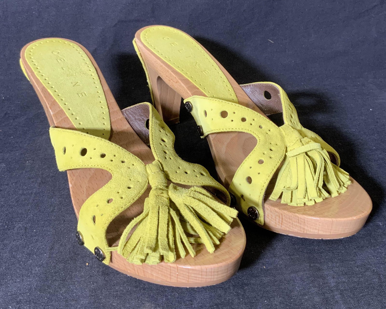 CELINE Heeled Sandals: CELINE Heeled Sandals, comes in original box, inscriptions read ‘Celine Made in Italy 38’, ‘Clog 70 Citrine’, heel measures 2 3/4 inches tall, wear consistent with use, Celine, heeled sandal,