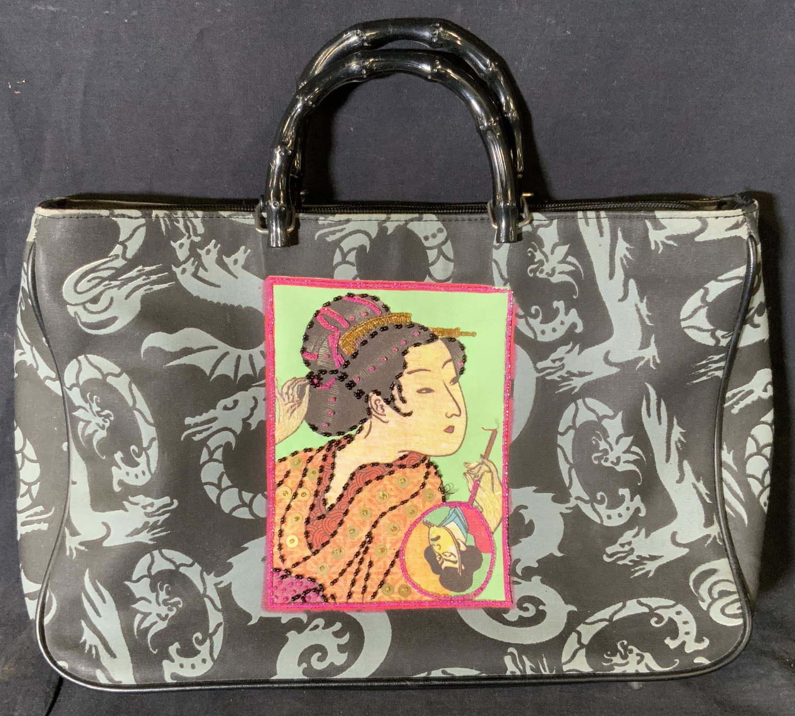 PREZZO Women’s Handbag: PREZZO Women’s Handbag, label reads ‘PREZZO Made in China’, measures 9 1/2 x 13 7/8 inches, drop measures 3 7/8 inches, surface wear and loose threads and beads, PREZZO, women’s fashion, women