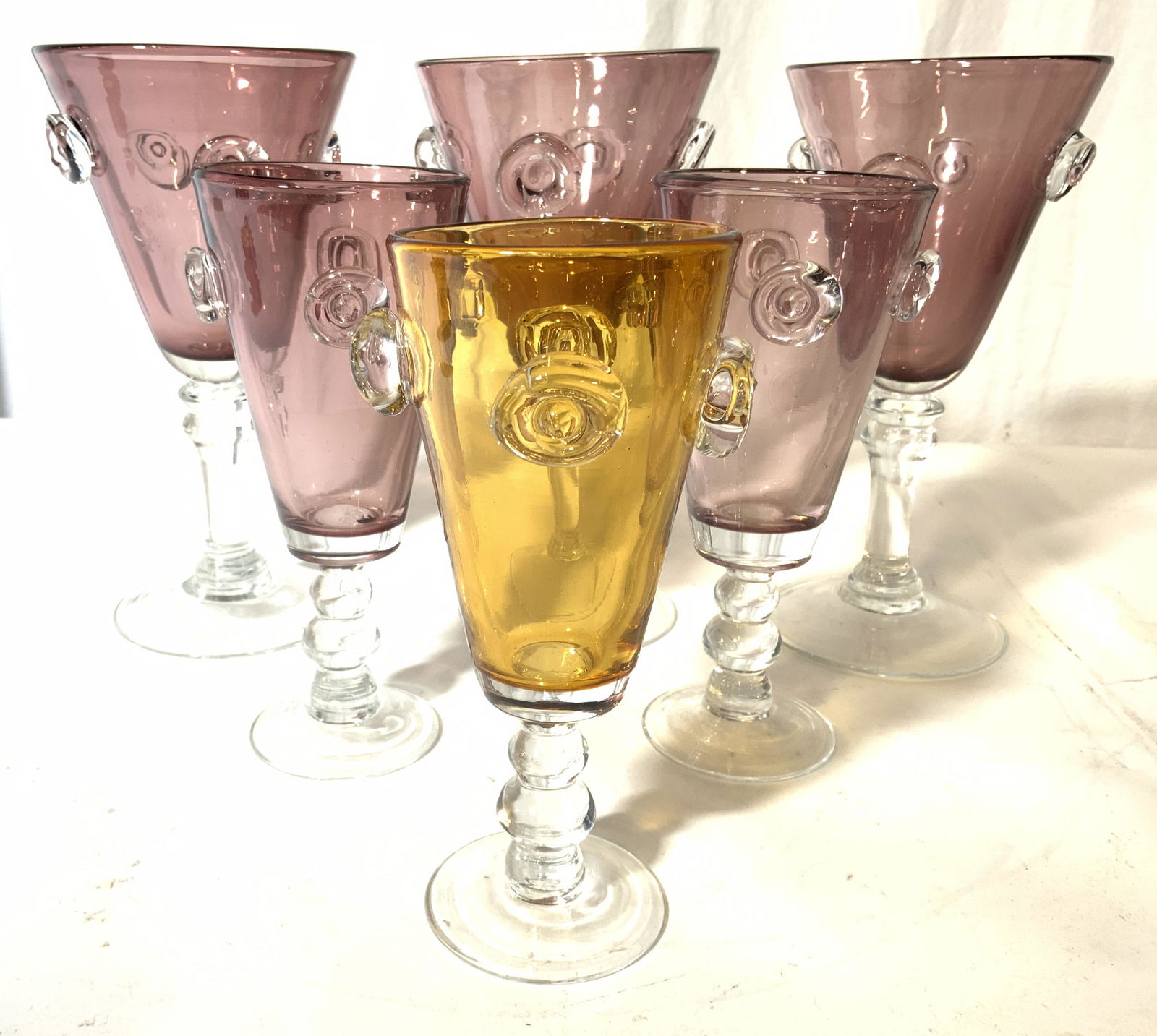 Lot 6 Art Glass Goblets W Hand Blown Elements (1 of 8)