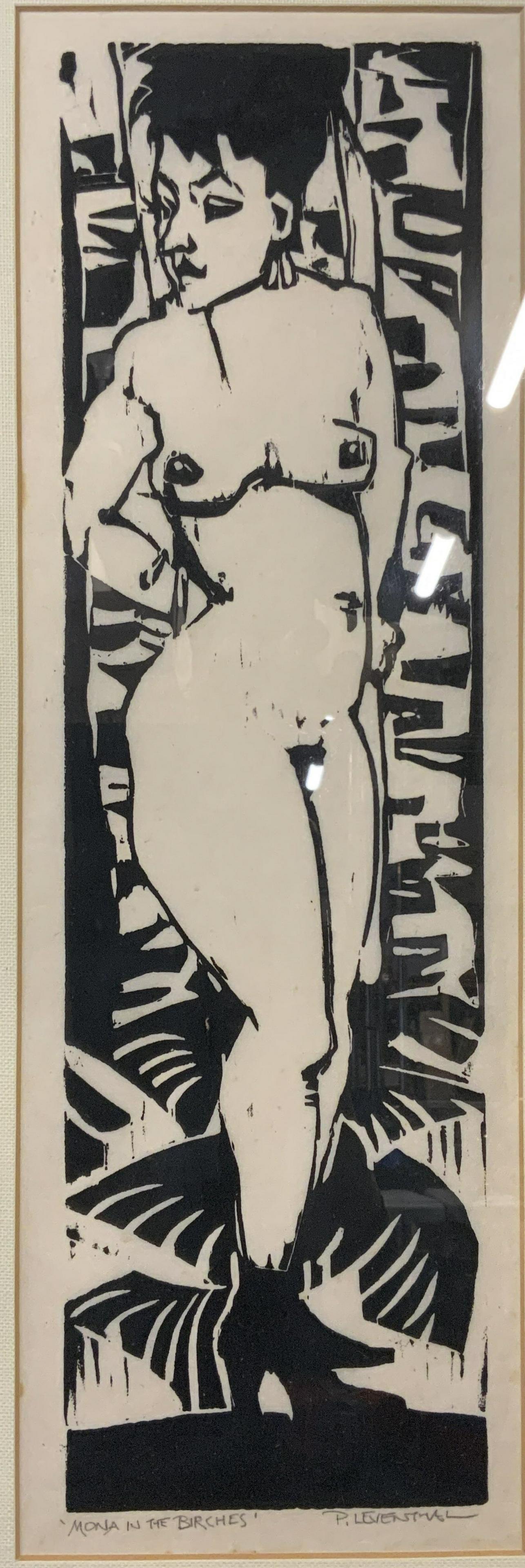 PETER LEVENTHAL Signed Mona in the Birches: Peter Leventhal signed Mona in the Birches, woodblock print, signature to the lower right corner reads ‘P.Leventhal’, title to the lower left corner reads ‘Mona In The Birches’, subject a nude