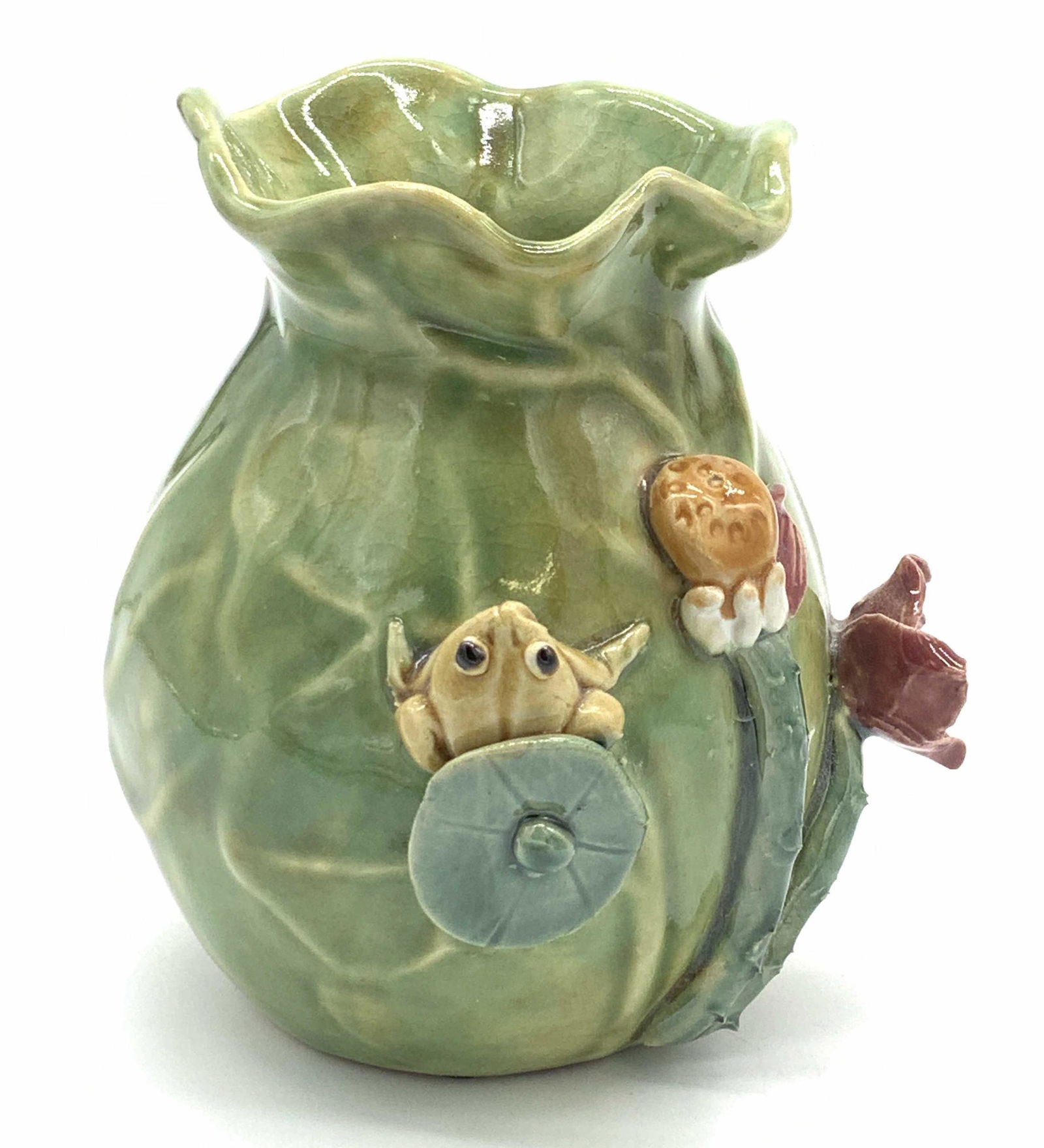 Vintage Glazed Majolica Vase with Frog Figural (1 of 9)