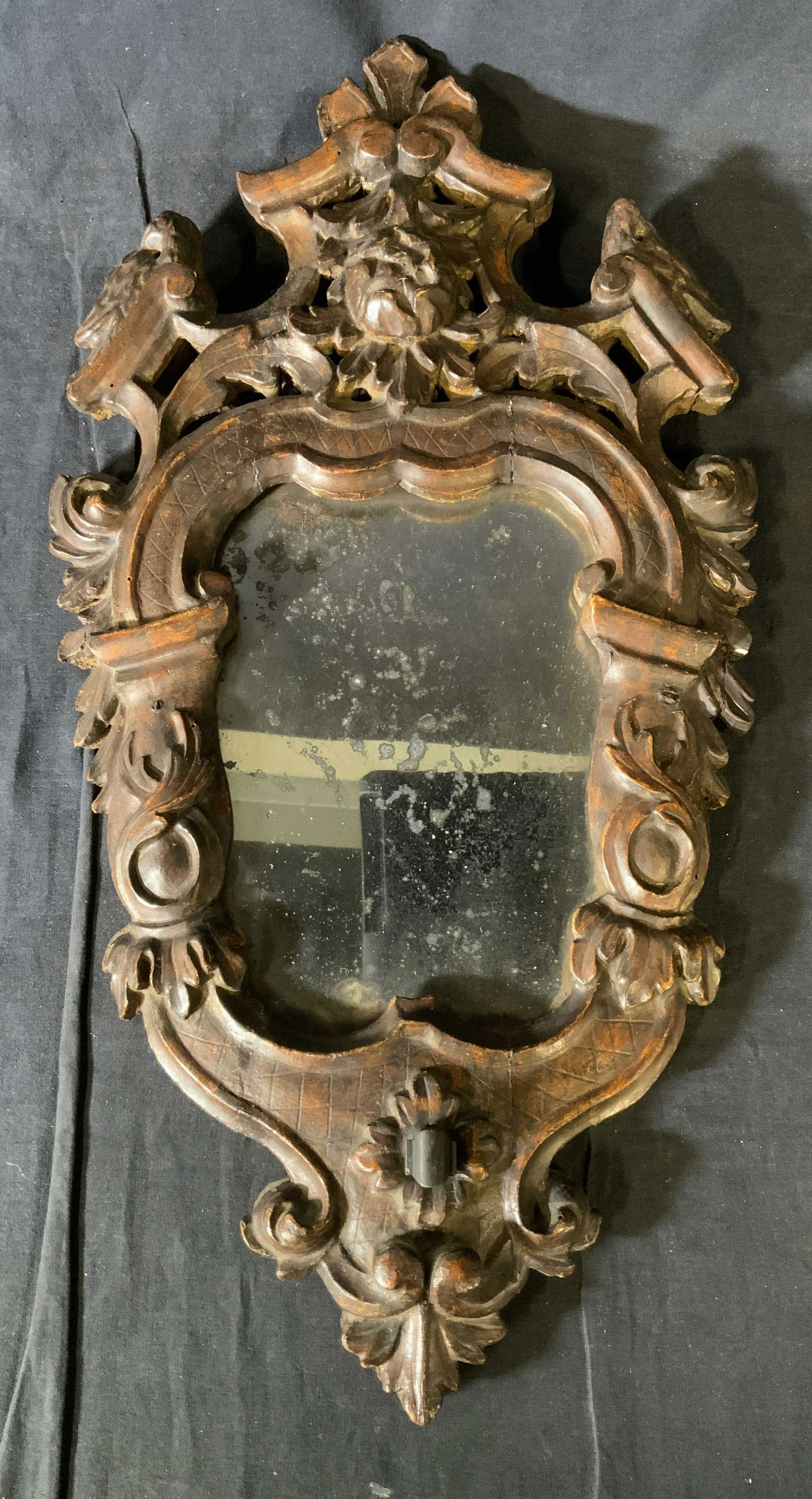 Antique French Wooden Mirror: Antique French Wooden Mirror, inscription reads ‘4469’, hand carved frame with birds, measures 22 x 11 5/8 inches, losses to wood, surface wear to frame and glass, Antique, antique mirror, French