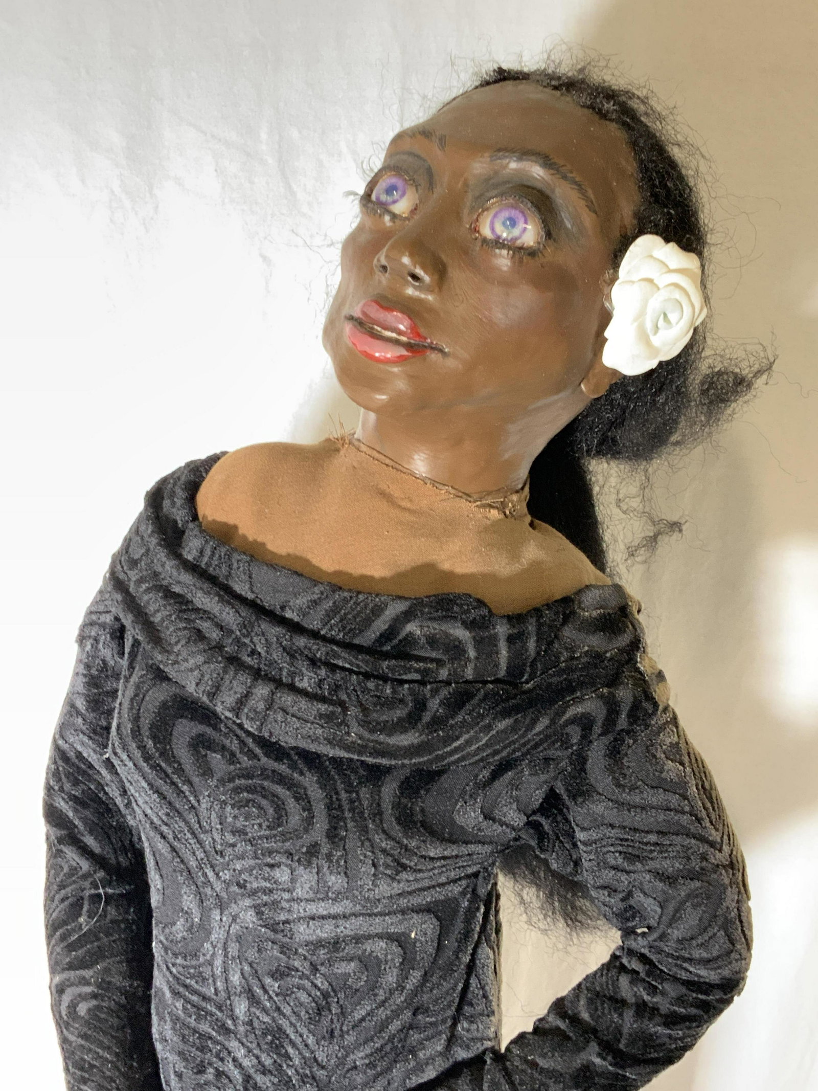 Billie Holliday Doll Sculpture Pam Leverenz 42in h: Artist PAMELA LEVERENZ LEVINE’s Re creation of Billie Holliday titled ‘THE JAZZ SINGER’ , a Standing floor size doll sculpture attached to board with plaque. She holds a microphone in hand, has 