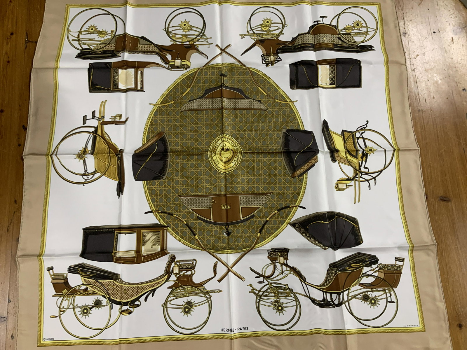 HERMES Paris NIP Signed Silk Scarf, Sgn HERMÉS Bag: Luxury Hermes Paris Silk Scarf, Titled LES VOITURES A TRANSFORMATION, Made in Paris, France. New in package, cellophane and orange Hermes foldable Window box and Orange Hermes Gift Bag. Only opened fo