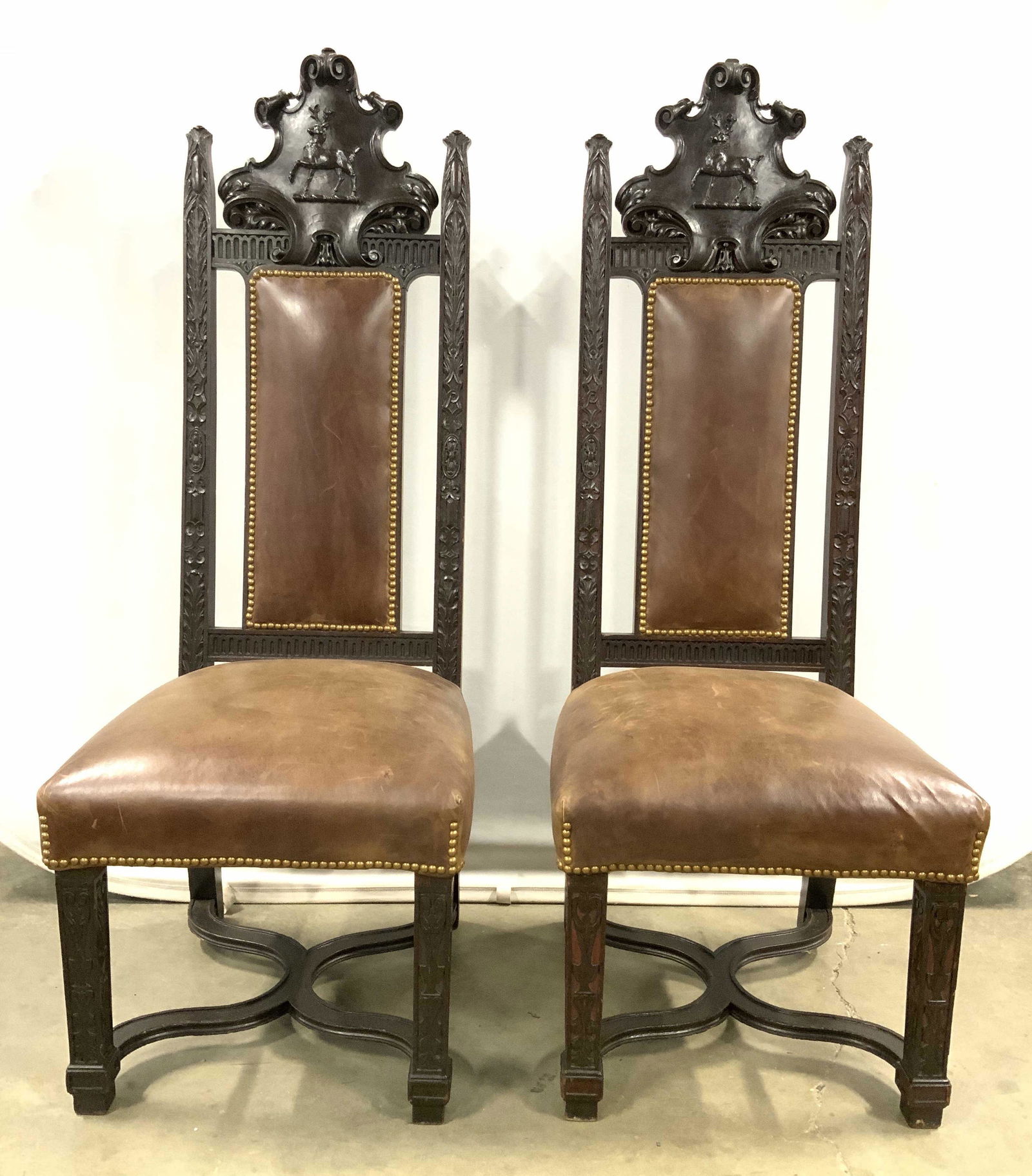 Pair Antique Wood Throne Chairs W Deer Carvings (1 of 13)