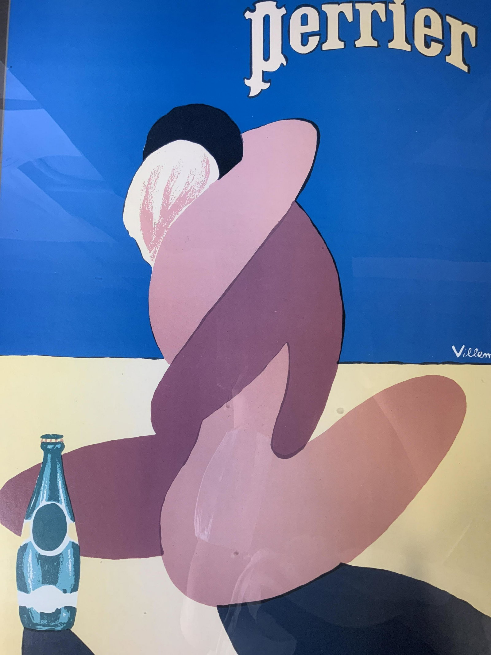 BERNARD VILLEMOT Perrier Advertisement: BERNARD VILLEMOT Perrier Advertisement, inscriptions to piece read ‘Perrier VILLEMOT’, subject a couple in an embrace with a bottle of Perrier in the foreground, measures 29 1/4 x 21 5/8 inches, m
