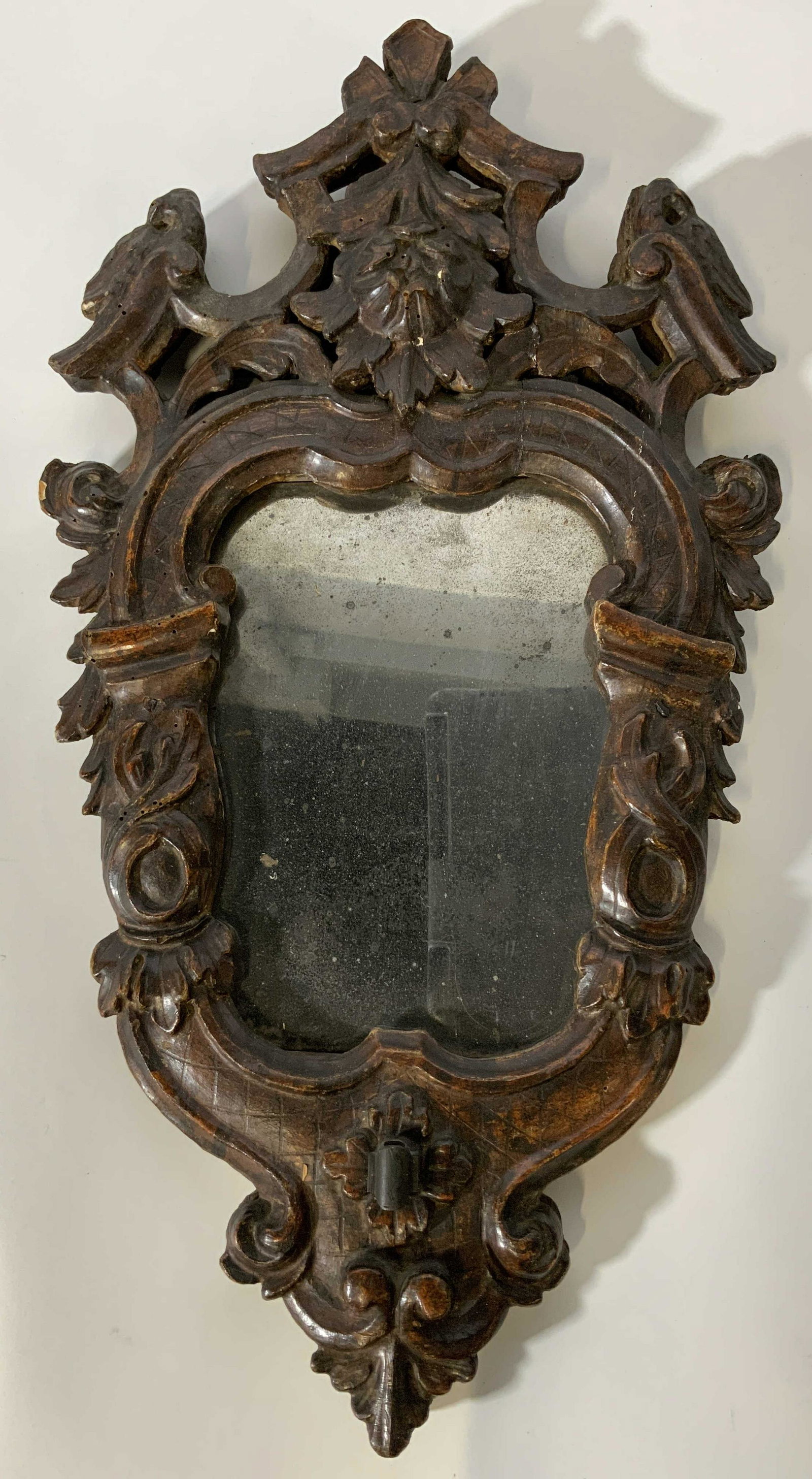 Antique French Mirror: Antique French Mirror, no apparent inscriptions or marks, measures 21 3/4 x 11 1/2 inches at widest point, surface wear and losses to wood, Property of Paris, France to Katonah, NY estate by family de