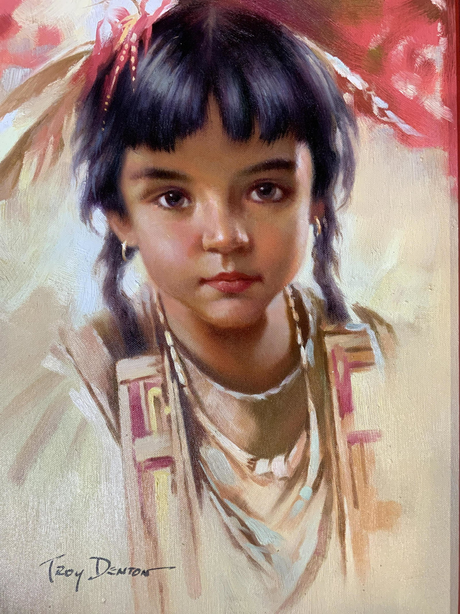 TROY DENTON Signed Oil Painting, Native Girl (1 of 11)