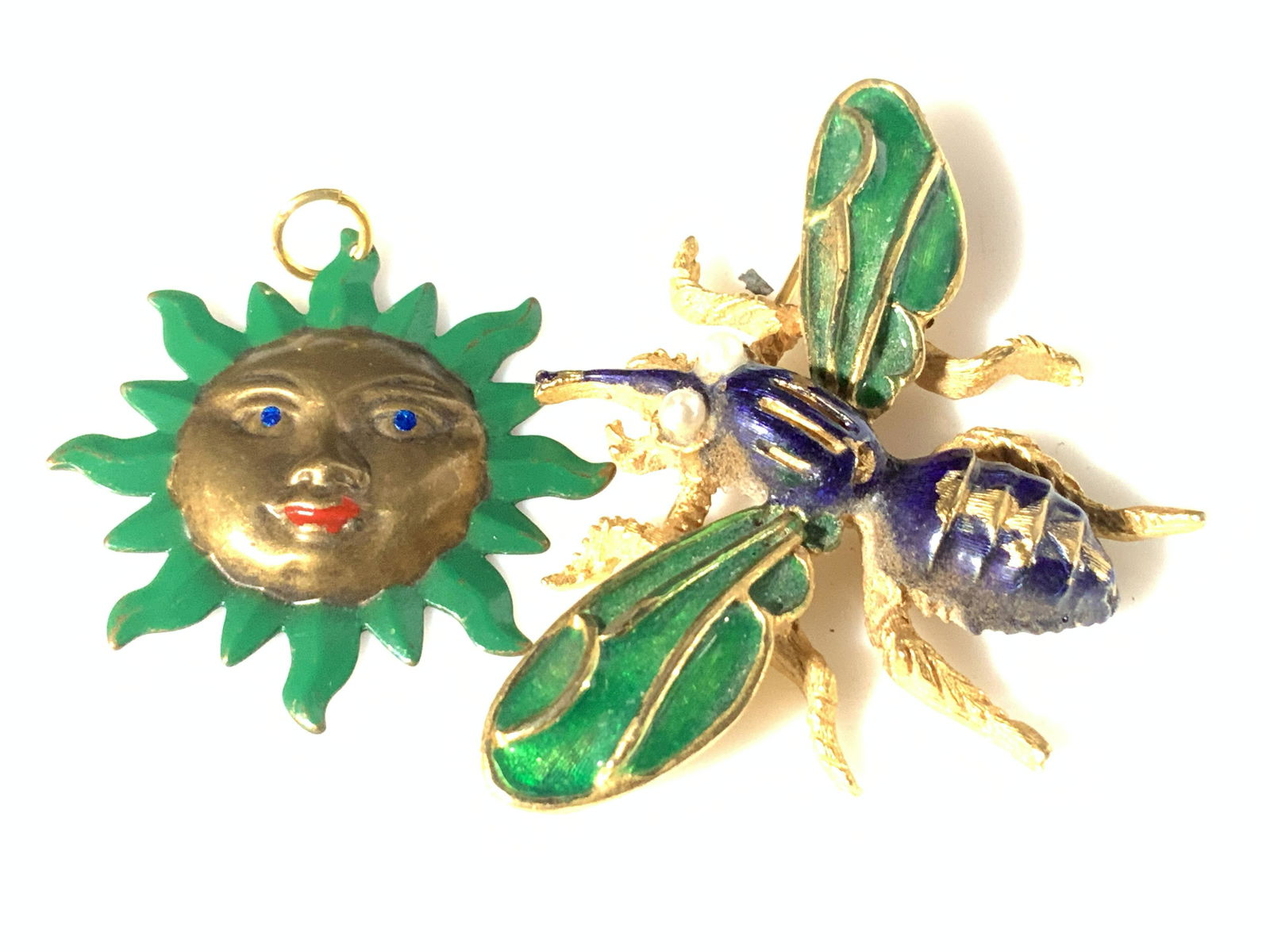 Enameled Sun Face Pendant, Bee Brooch (1 of 6)