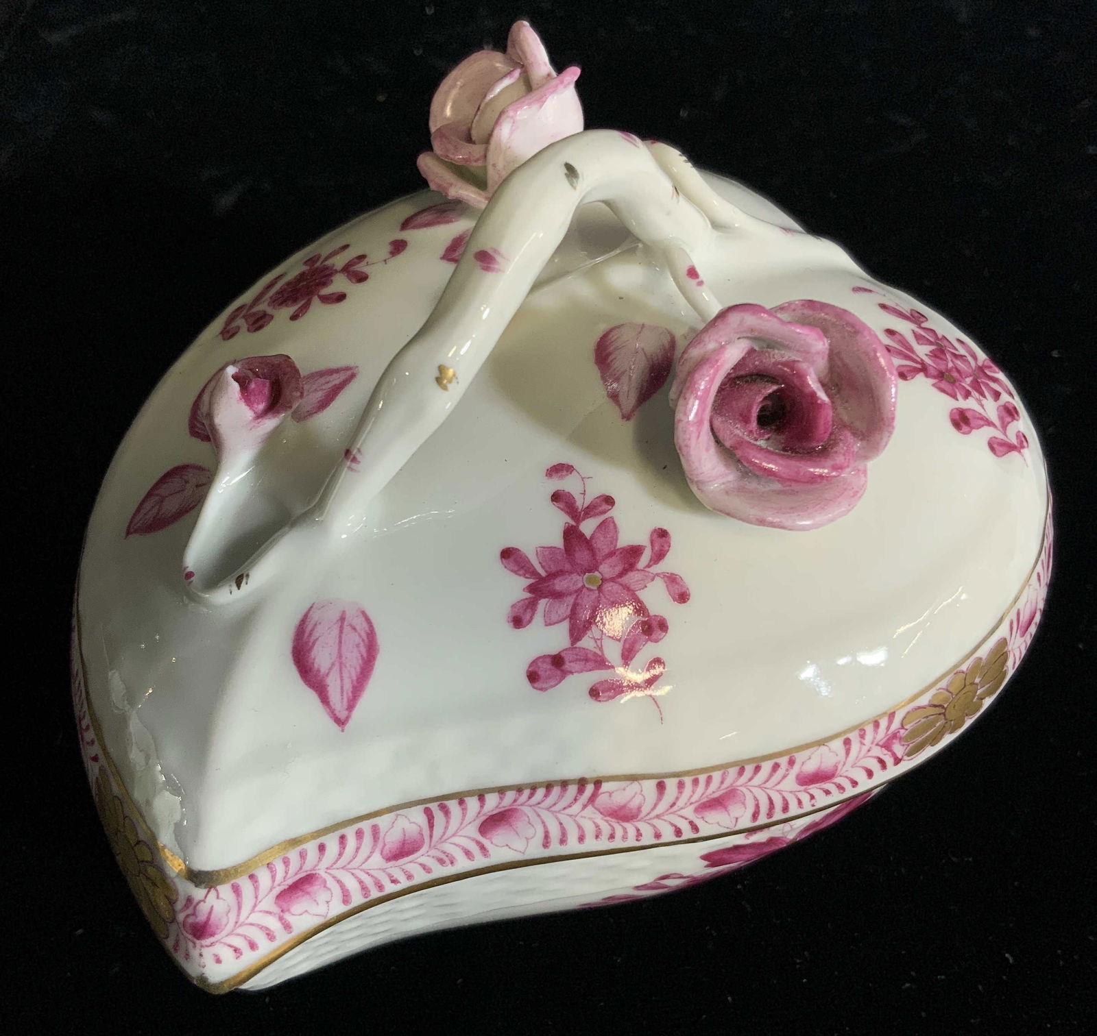 HEREND Signed Porcelain Heart Trinket Box, Lid (1 of 15)