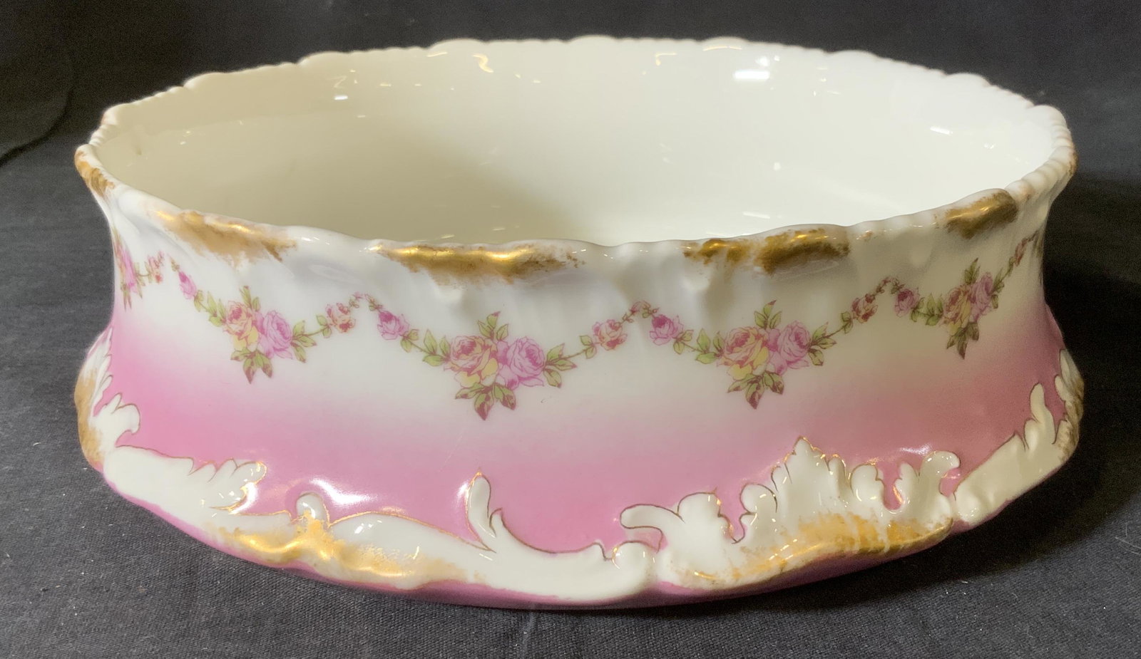 Antique T & V LIMOGES Porcelain Bowl: Antique T & V LIMOGES Porcelain Bowl, stamp reads ‘T & V Limoges France Depose’, other inscription illegible, measures 2 3/4 inches tall x 8 3/4 inches in diameter, surface wear to piece, Tressema