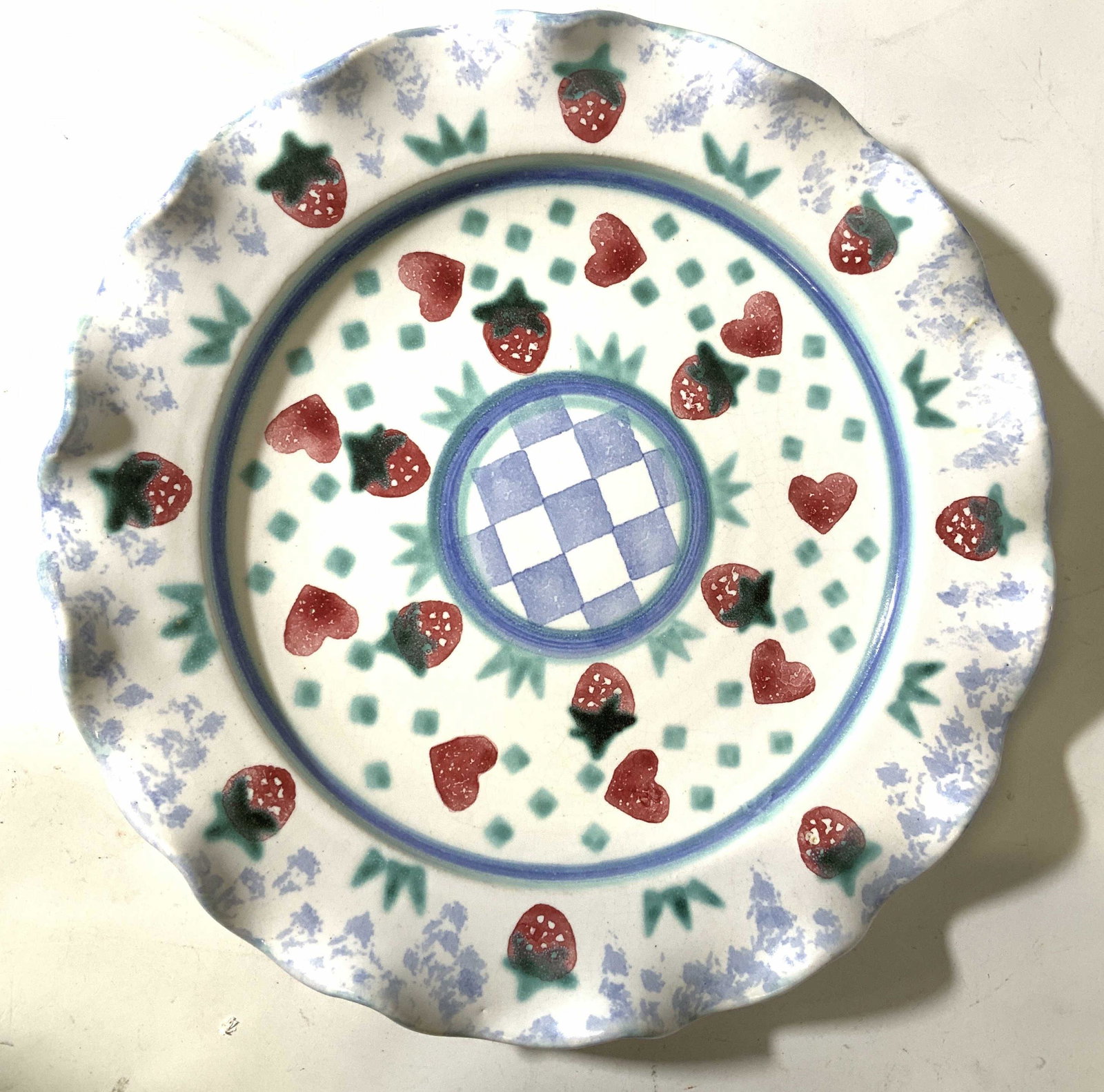 Signed Strawberry and Heart Painted Pottery Dish (1 of 5)