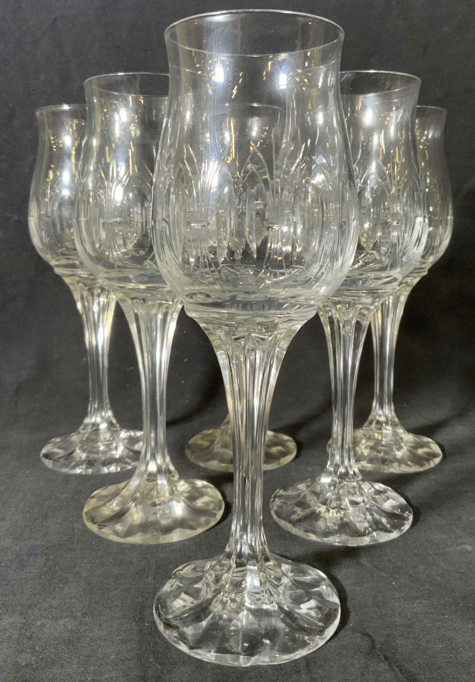 Set 6 Champagne Glasses: Set 6 Champagne Glasses, no apparent inscriptions or marks, all measure 8 1/2 inches tall x 2 7/8 inches in diameter at base, surface wear to pieces, Champagne glasses, wine glasses, stemware, glasswa