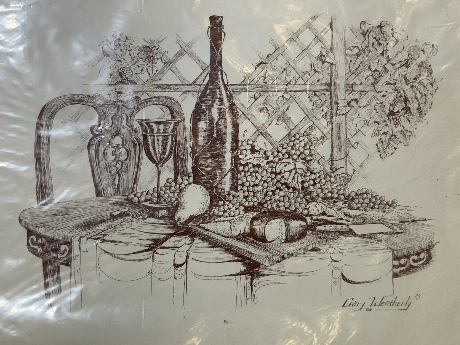 Gary Weatherly Signed Engraving of a Still Life: Gary weatherly signed engraving of a still life, signature to the lower right corner reads ‘Gary Weatherly’, subject of piece a still of wine and food at a wooden table, piece not framed, piece wr