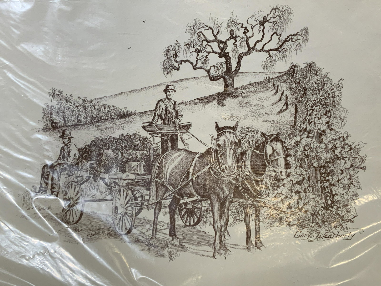 Gary Weatherly Signed Engraving of Horse & Buggy: Gary weatherly signed engraving of horse and buggy, signature to the lower right corner reads ‘Gary Weatherly’, subject of piece a group of quails near a leafy bush, piece not framed, piece wrappe