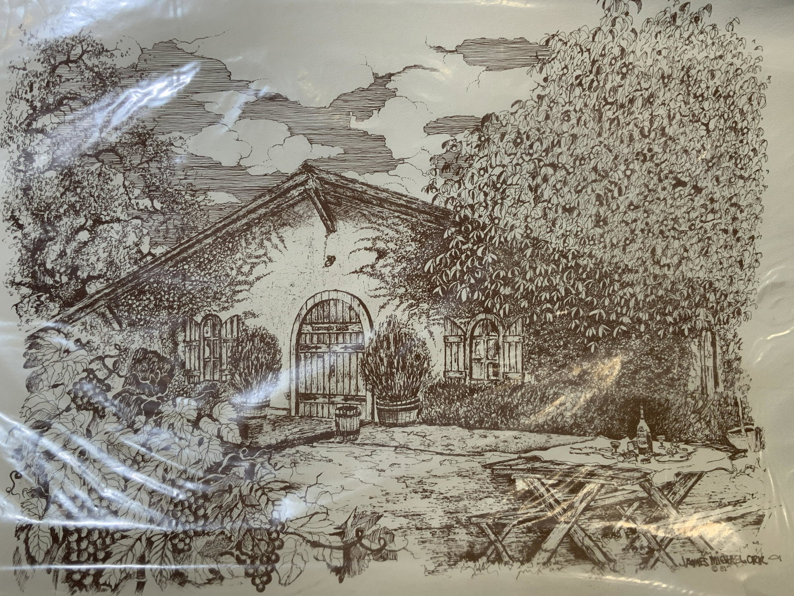 Gary Weatherly Signed Engraving of a Cottage: Gary weatherly signed engraving of cottage, signature to the lower right corner reads ‘Gary Weatherly’, subject of piece a cottage with lush greenery around it, piece not framed, piece wrapped in 