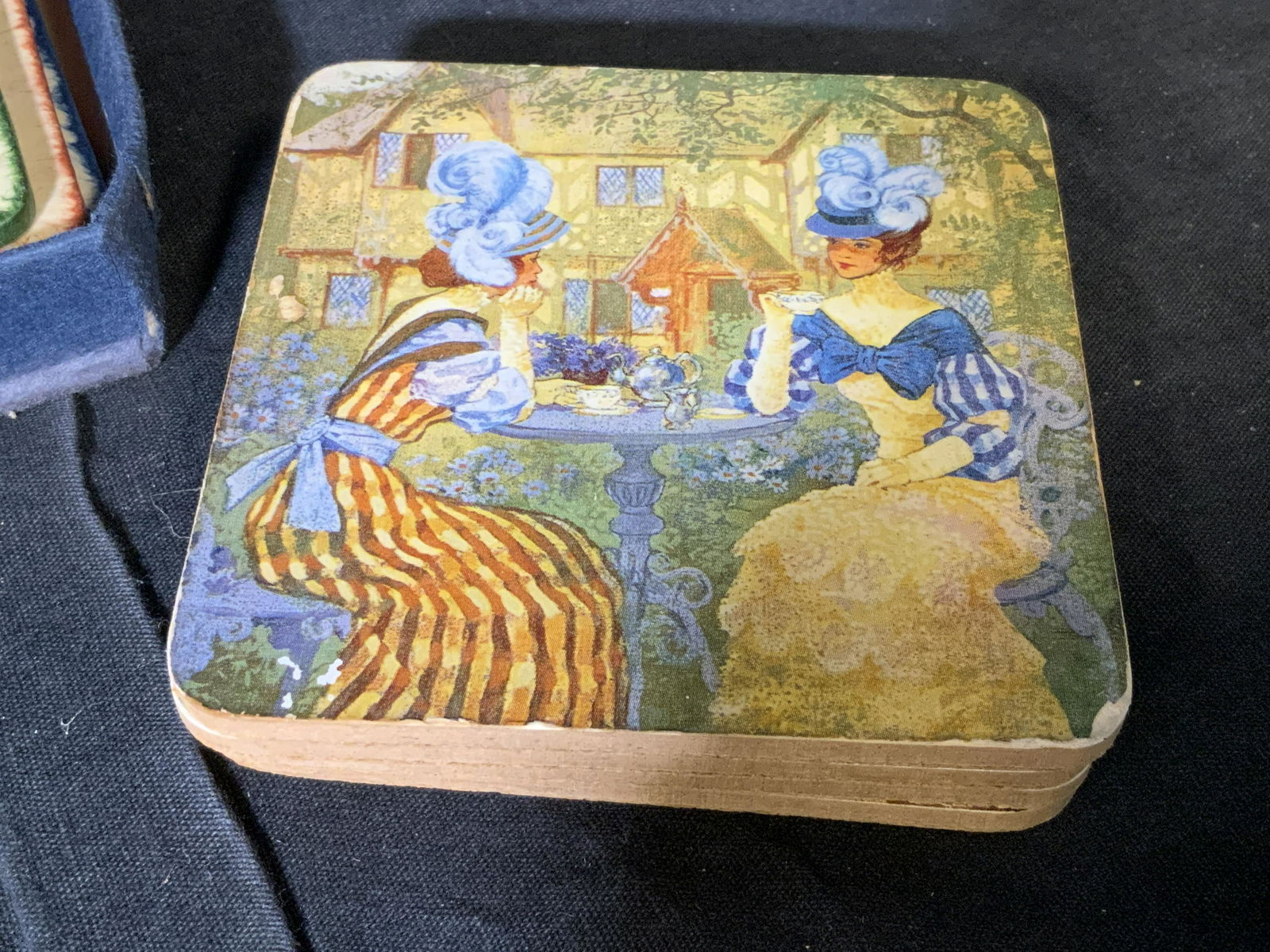 Group 3 Sets of Coasters: Group 3 sets of coasters, lot includes polka dot coasters floral coasters and pictorial coasters, largest group of coasters measure as 4.5 inch squares, polka dot coasters are circular, various surfac