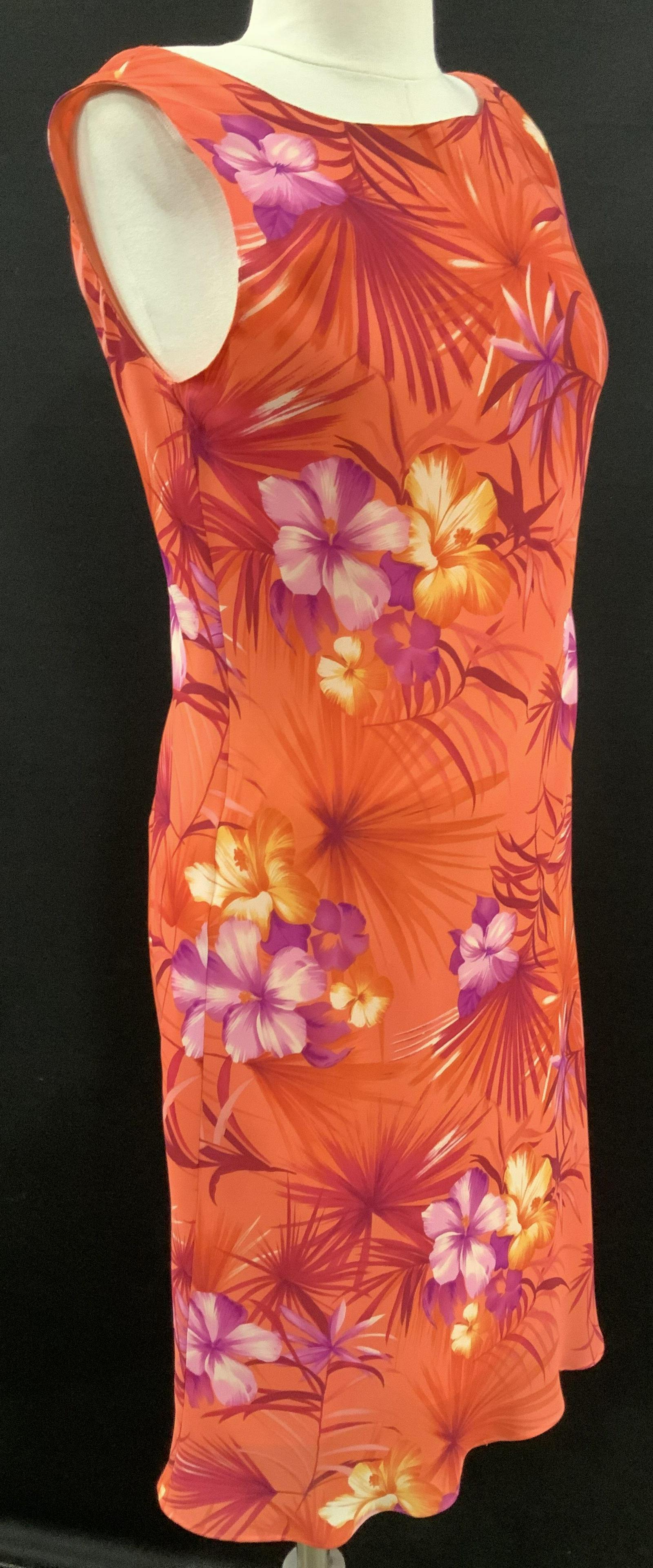 Ronnie Nicole Hawaiian Floral Cocktail Dress: Sleeveless Summer Cocktail dress, perfect for summer events, evenings or upscale beach events. Vintage, designer labeled, Ronnie Nicole by Ouida, polyester with nylon lining, a bright coral with Hawai