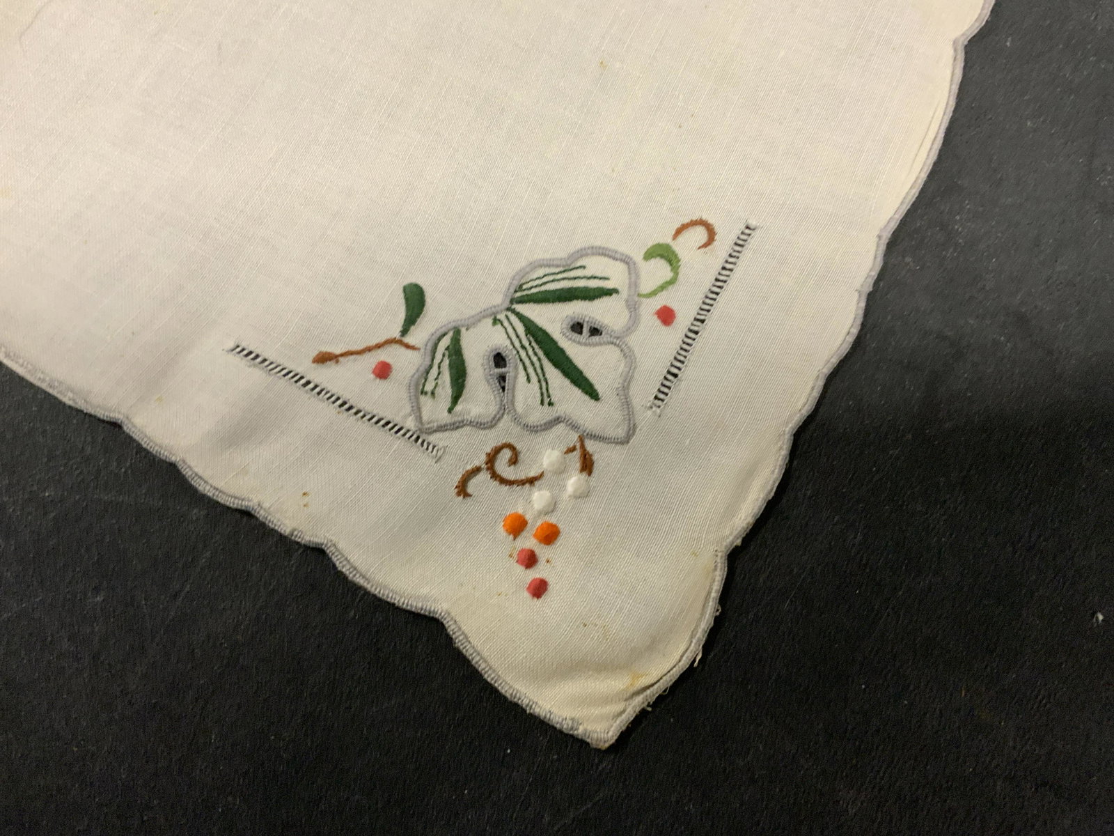 Set 13 Vintage Embroidered Napkins: Set 13 Vintage Embroidered Napkins, no apparent inscriptions or marks, all measures 15 1/2 x 15 inches, stains and loose threads to pieces, Vintage linens, vintage napkins, embroidery, napkins, needle