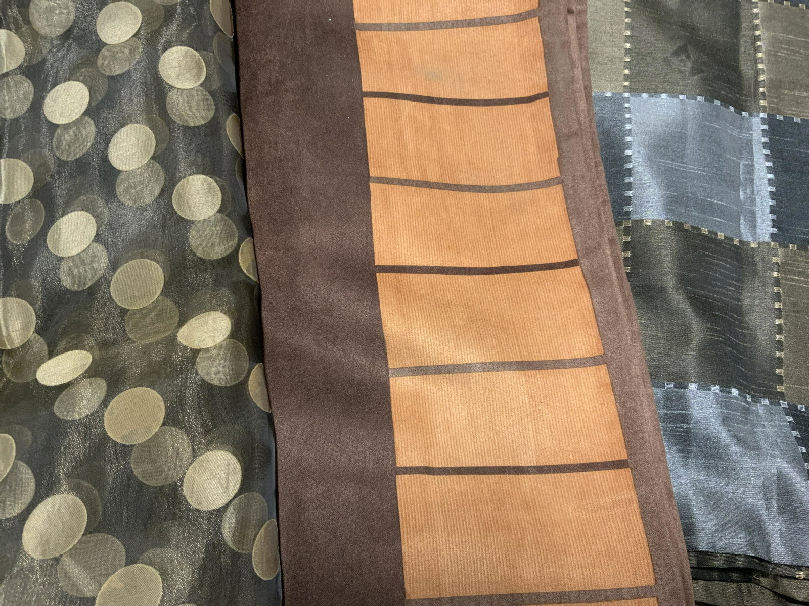 Group Lot 3 Curtains: Group lot 3 curtains, all three are made of different materials, lot includes a spotted curtain a striped curtain and a curtain with a square pattern, all measure approximately 70 x 74 inches, Curtain