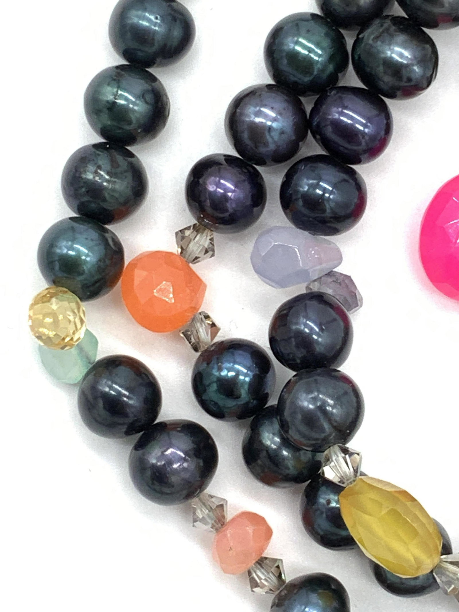 Alana BASS Freshwater Pearl Signed Designer Neck: ALANA BASS Toggle Clasp with Tahitian Freshwater pearls, white pearls, and natural gemstones. tests positive on gem tester for blue topaz, smoky Quartz, Aquamarine, possibly pink iolite, purple iolite