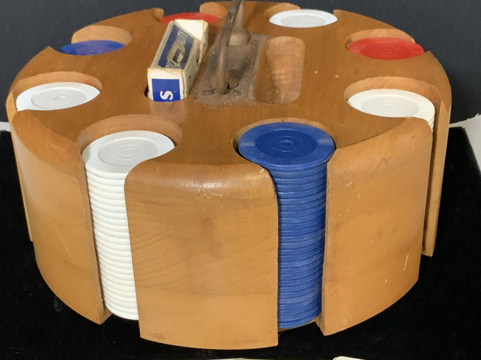 Mid Century PATTBERG Carousel Poker Chips & Cards: Signed PATTBERG Inc NYC vintage ensemble of red , white and blue poker chips and deck of International Aircraft Silhouettes ‘Spotter’ playing cards on rotating wood carousel. Carry handle with rus