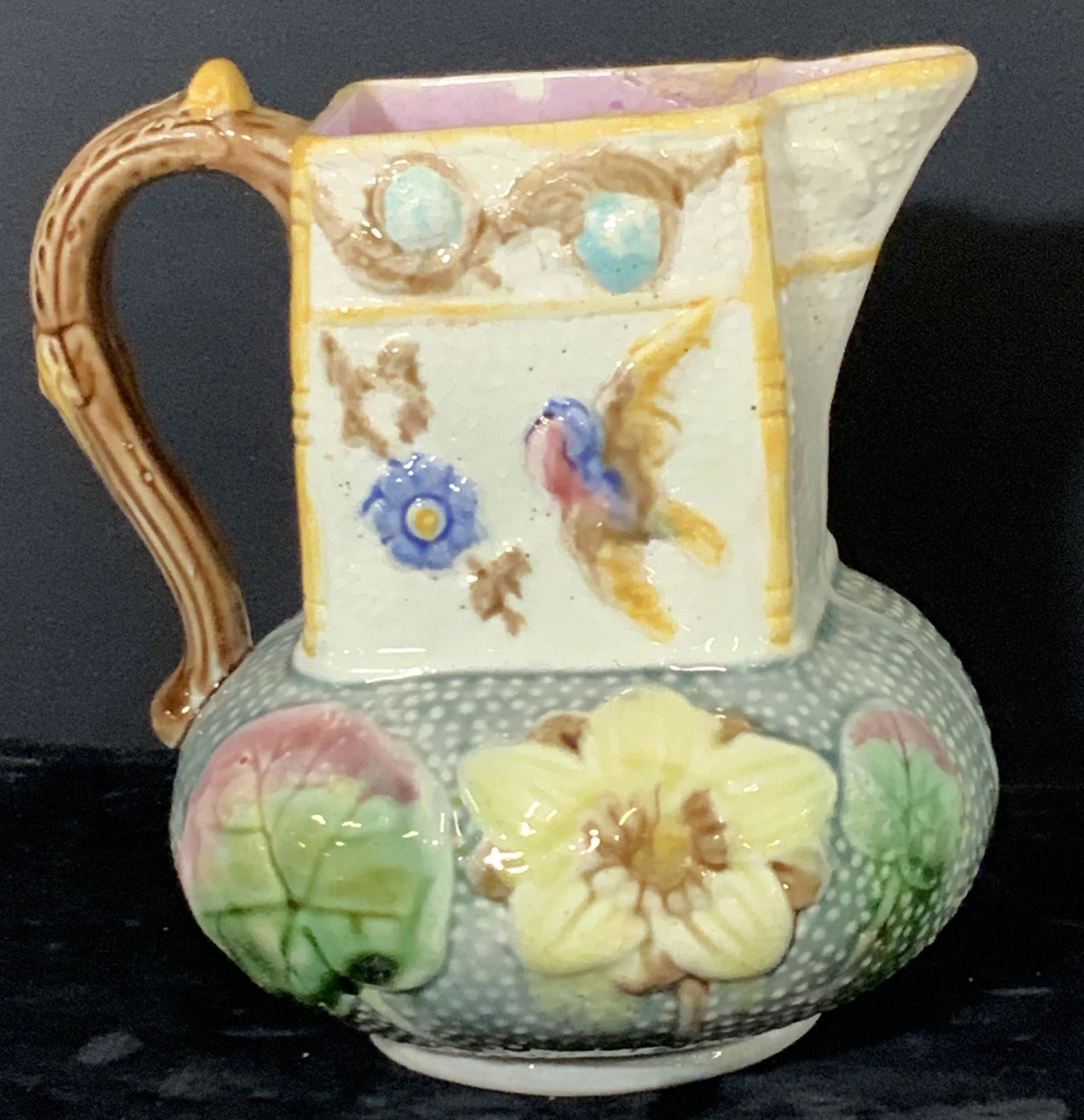 Signed Aesthetic Movement Majolica Pitcher w Bird (1 of 7)