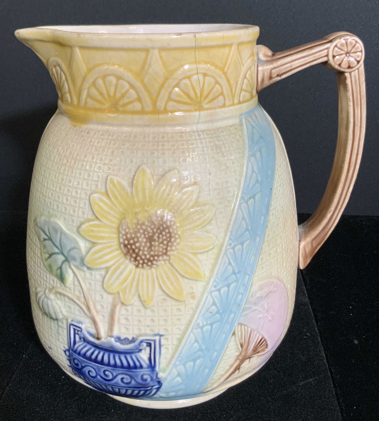 Early Majolica Trademarked Floral Pitcher, Pottery (1 of 9)