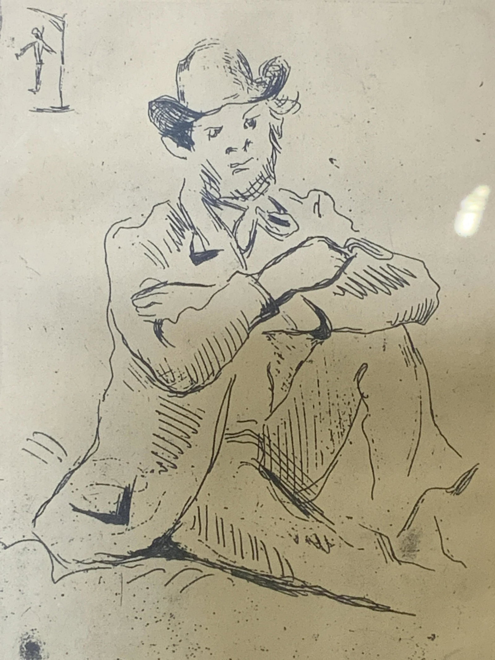 Minimalist Lithograph of Seated Man: Minimalist lithograph of seated man, no apparent inscriptions or markings, subject a man seated wearing western clothes with a cowboy hat and handkerchief on, small symbol to the upper left corner, cr