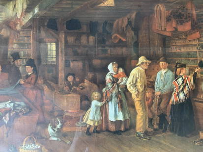 THOMAS WATERMAN WOOD Offset Lithograph: THOMAS WATERMAN WOOD Village Post Office Offset Lithograph, no apparent inscriptions or marks, subject figures standing in a store, measures 19 1/8 x 24 1/8 inches, gilt wooden frame, surface wear to