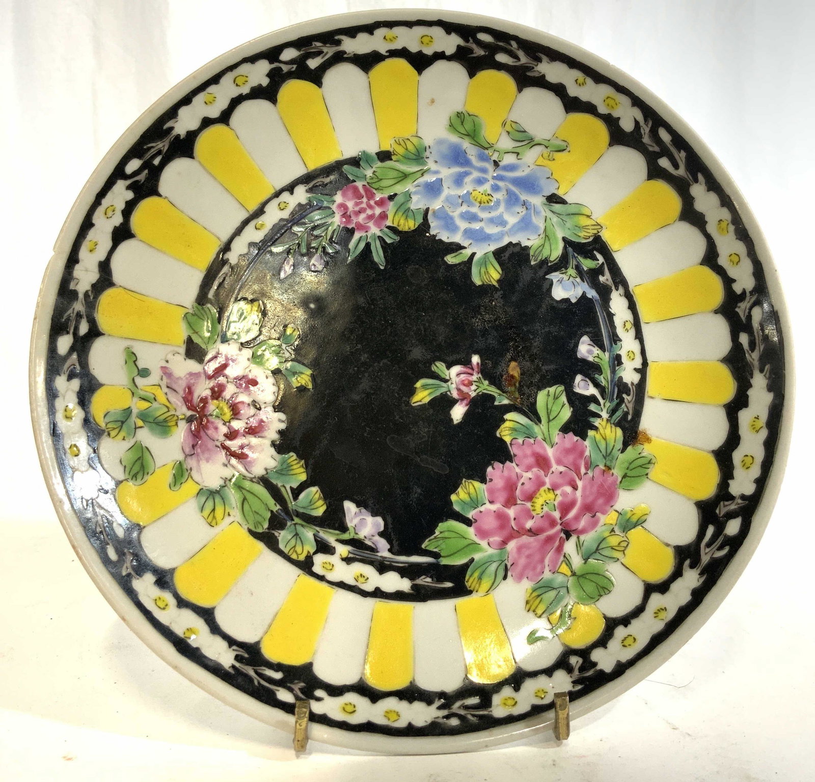 NIPPON Hand Painted Porcelain Plate: Underside is marked NIPPON. Piece is hand painted & porcelain. Contains intricate multi toned floral leaf, geometric detail. Piece measures approx 8.5 inches wide. Asian porcelain, Nippon Porcelain, H