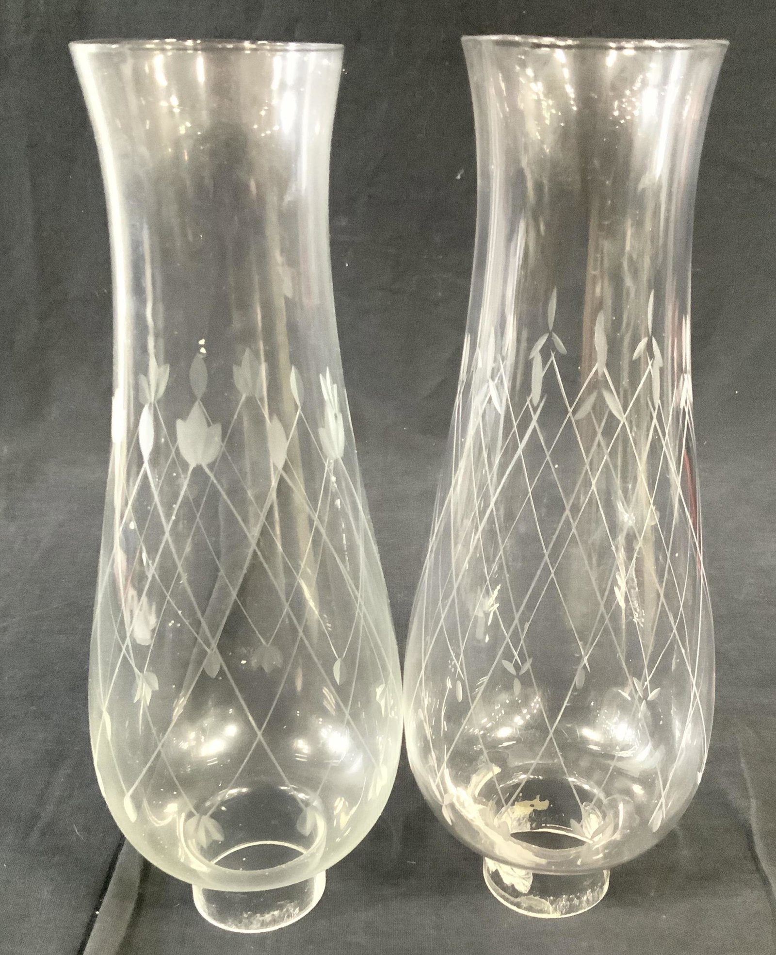 Pair Etched Crystal Hurricane Glass Shades (1 of 5)