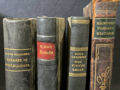 Group Lot 4 Vintage Hard Cover Books: Group lot 4 vintage hard cover books, titles include ‘Jokob Xnudsen Romaner OG Fortællinger’ ‘M.Marx Kvinde’ ‘Knud Andersen den Ninende Bolge’ and ‘Illustreret Verdens- Historie’, all