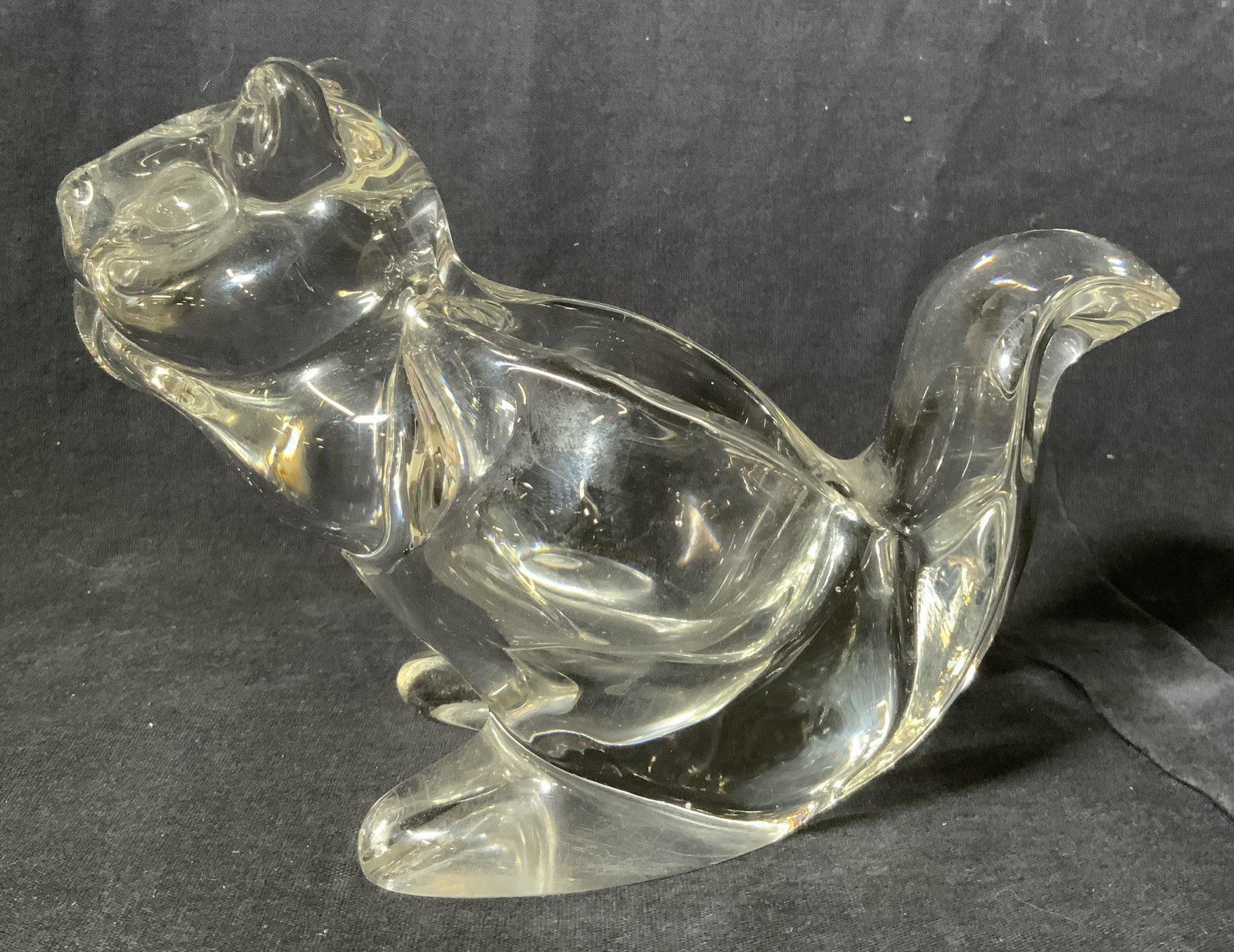 CAROLE STUPELL Glass Squirrel Trinket Dish: CAROLE STUPELL Glass Squirrel Trinket Dish, no apparent inscriptions or marks, measures 4 7/8 inches tall x 7 1/8 inches at widest point, surface wear and chips to piece, Carole stupell, squirrel, tri