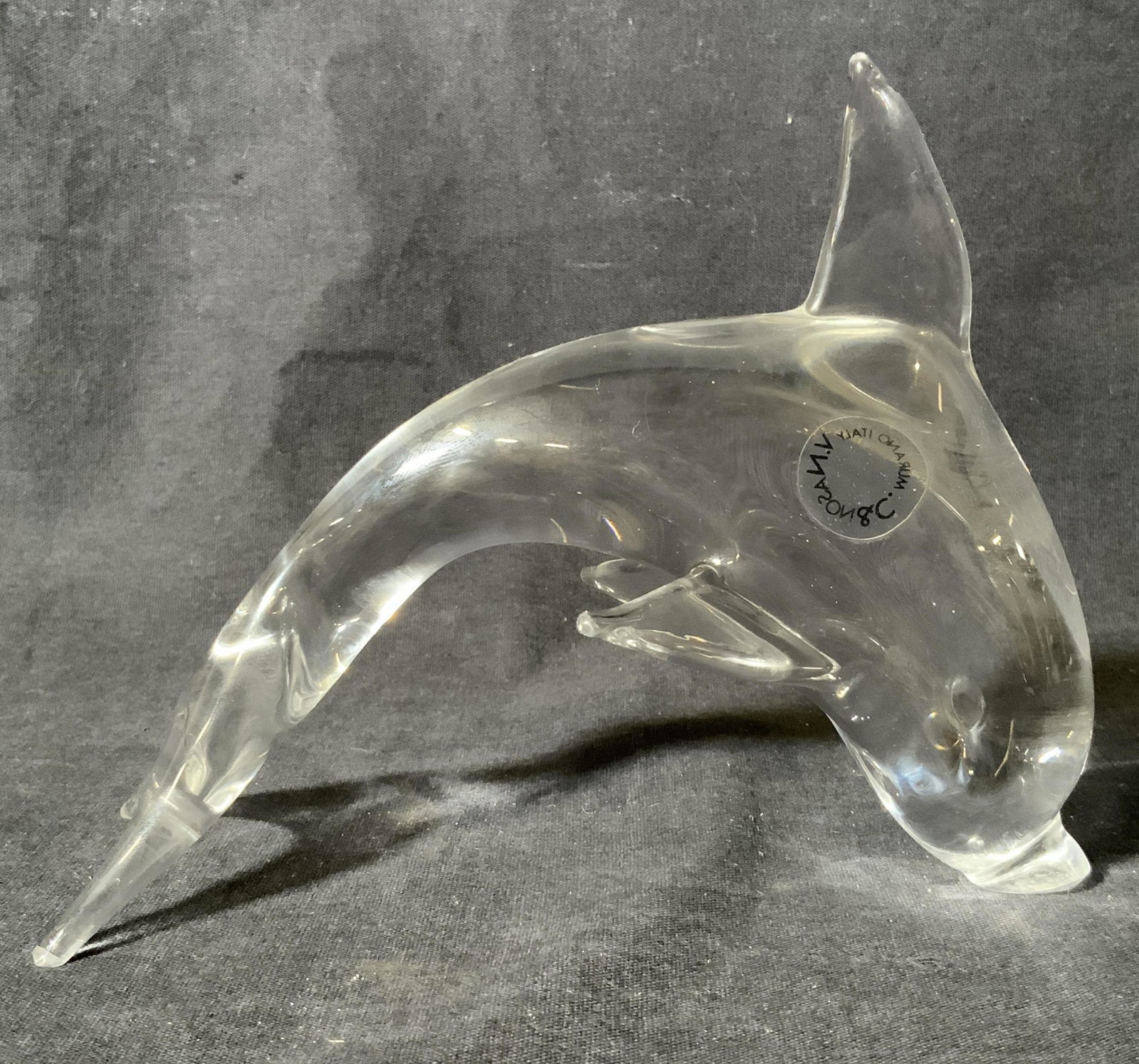V NASON & C Murano Glass Dolphin Paperweight: V NASON & C Murano Glass Dolphin Paperweight, label reads ‘V NASON & Co Murano Italy’, measures 5 inches tall x 6 1/4 inches wide, surface wear to piece, V NASON and c, Murano glass, Dolphin, pape
