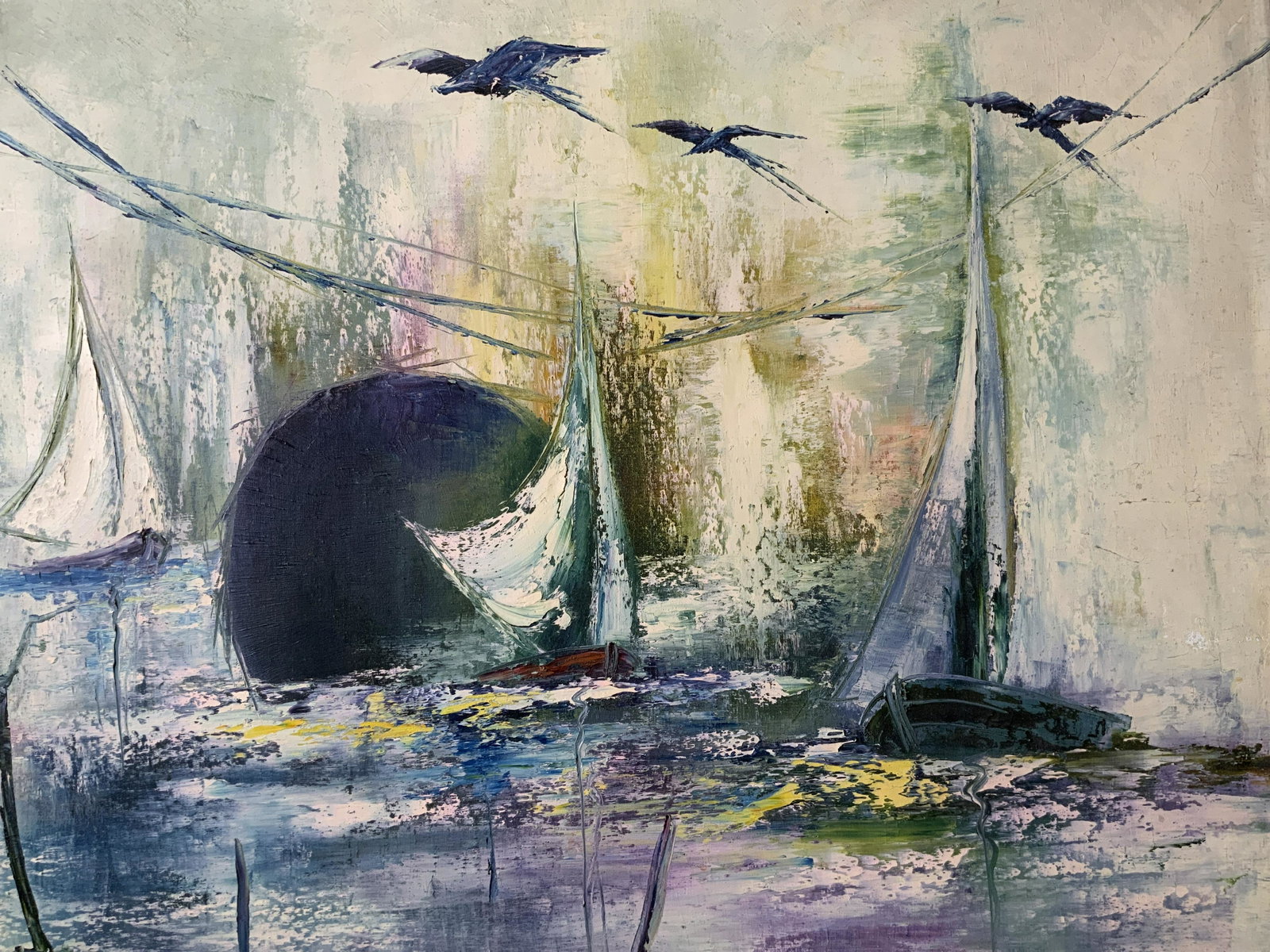 Signed Oil Painting of Boats: Signed Oil on canvas Painting of Boats, signature to lower right illegible, subject sail boats on water, measures 25 5/8 x 31 3/4 inches, silver painted wooden frame, surface wear to frame, exposed ca