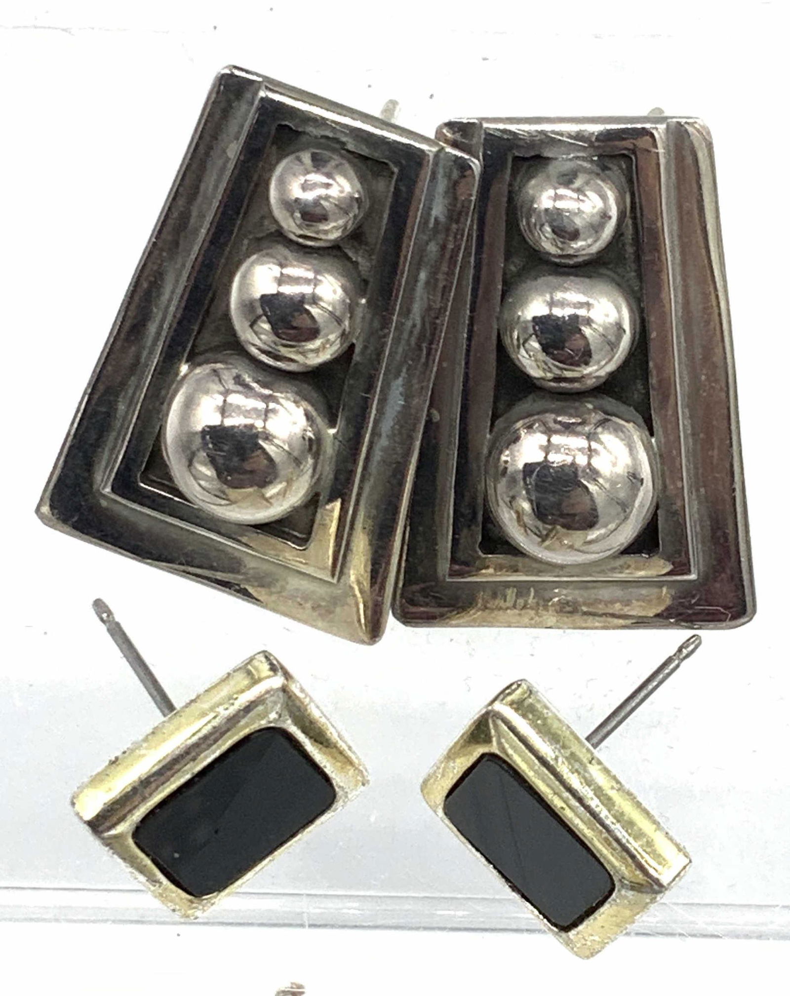 Mexican Sterling & Silver Tone Onyx Earrings (1 of 5)