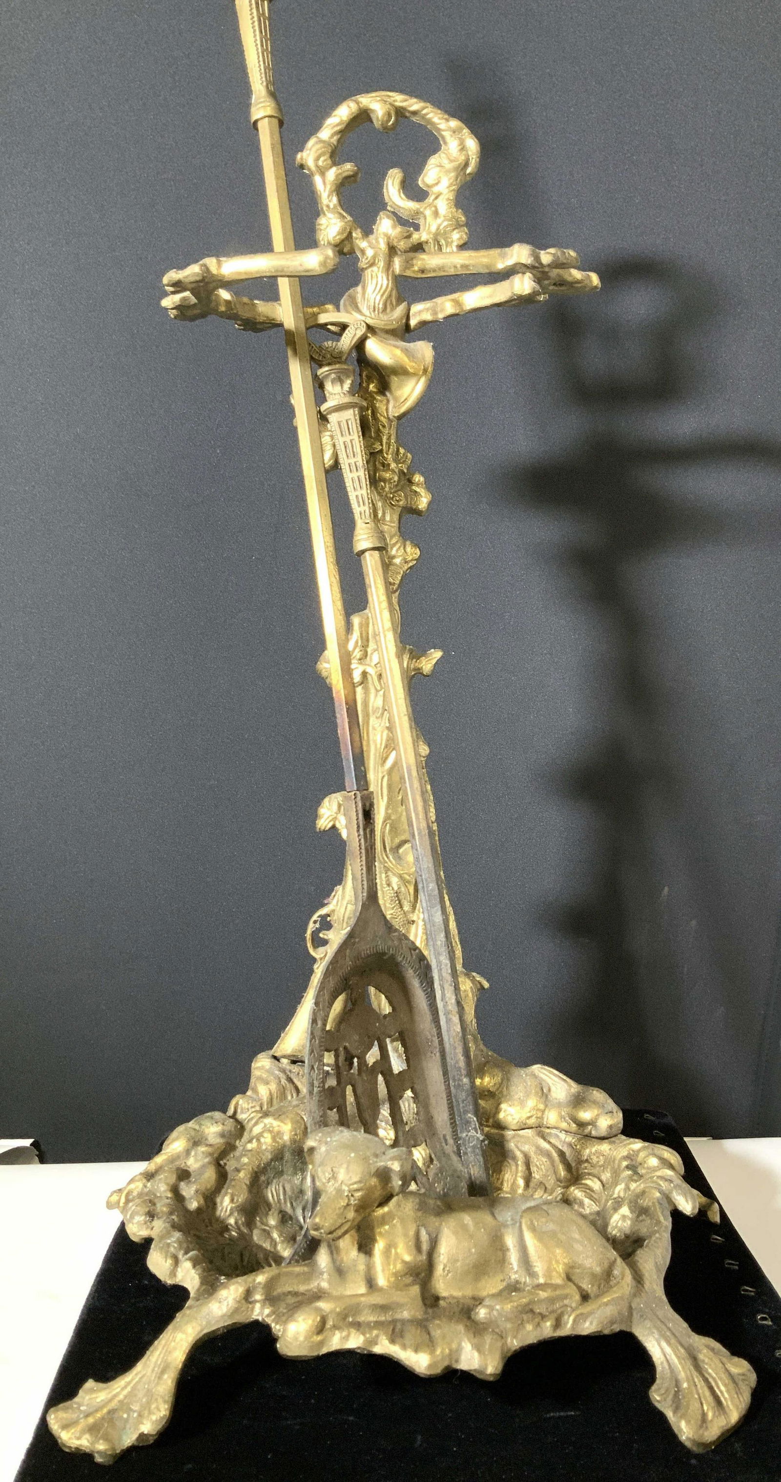 Brass Baroque Fireplace Tool Stand w Dog Figural (1 of 12)