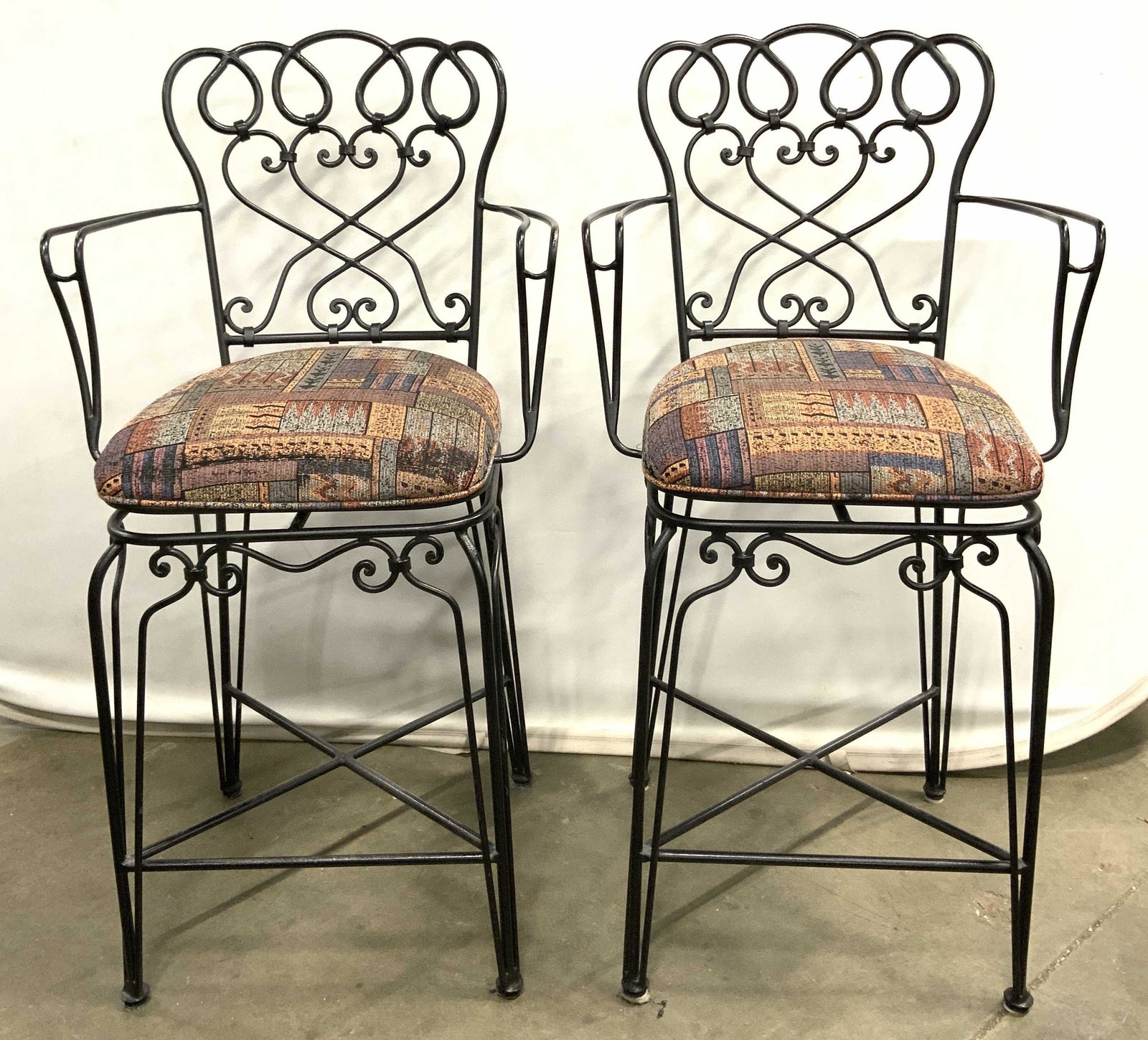 Pr Iron Swivel Stools W Backrests Upholstered Seat (1 of 10)