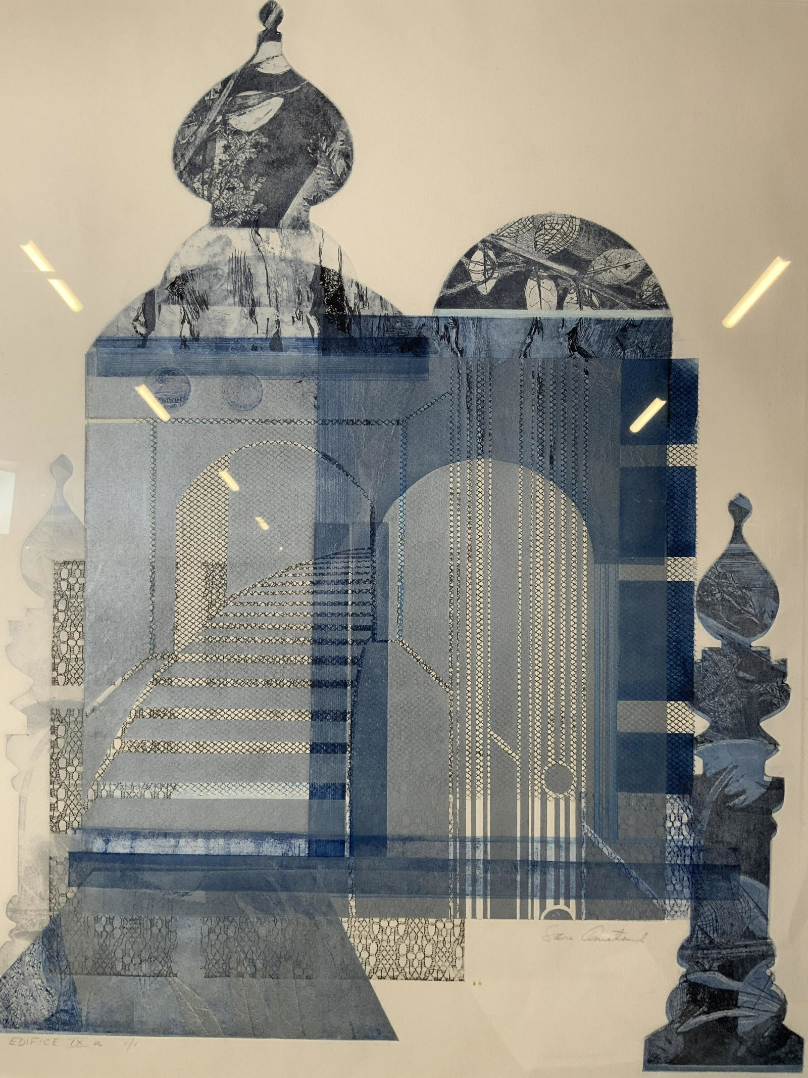 Signed Edifice IX Lithograph: Signed Edifice IX Lithograph, signature to lower right illegible, inscription to lower left reads ‘Edifice IX a’, edition reads ‘1/1’, subject Islamic architecture, measures 32 1/4 x 27 1/4 in