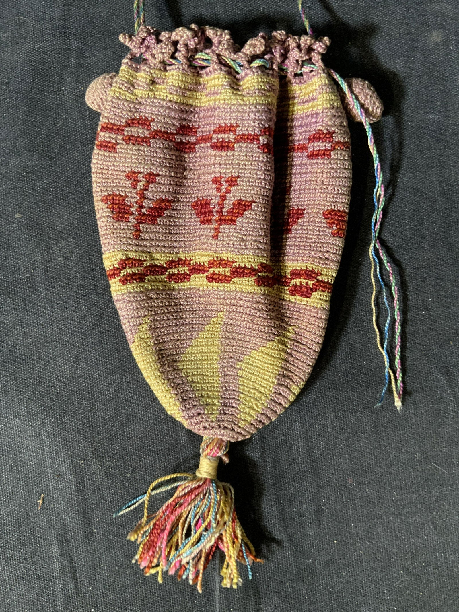 Woven Coin Purse, Fashion accessory: Woven Coin Purse, no apparent inscriptions or labels, measures 5 1/4 x 3 1/8 inches, drop measures 7 1/2 inches, wear consistent with use, Coin purse, miniature purse, woven bag, women’s accessory,