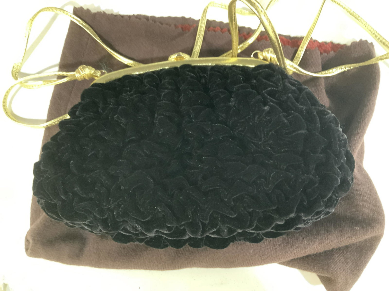 Francis Patiky STEIN Plush Shoulder Purse, Italy: Ruched Velour Purse with Gold Tone Leather Strap and Frame Lining. signed Purse, interior reads Francis Patiky Stein and Made In Italy , Interior black leather. This is a 1980s haute design from Stein
