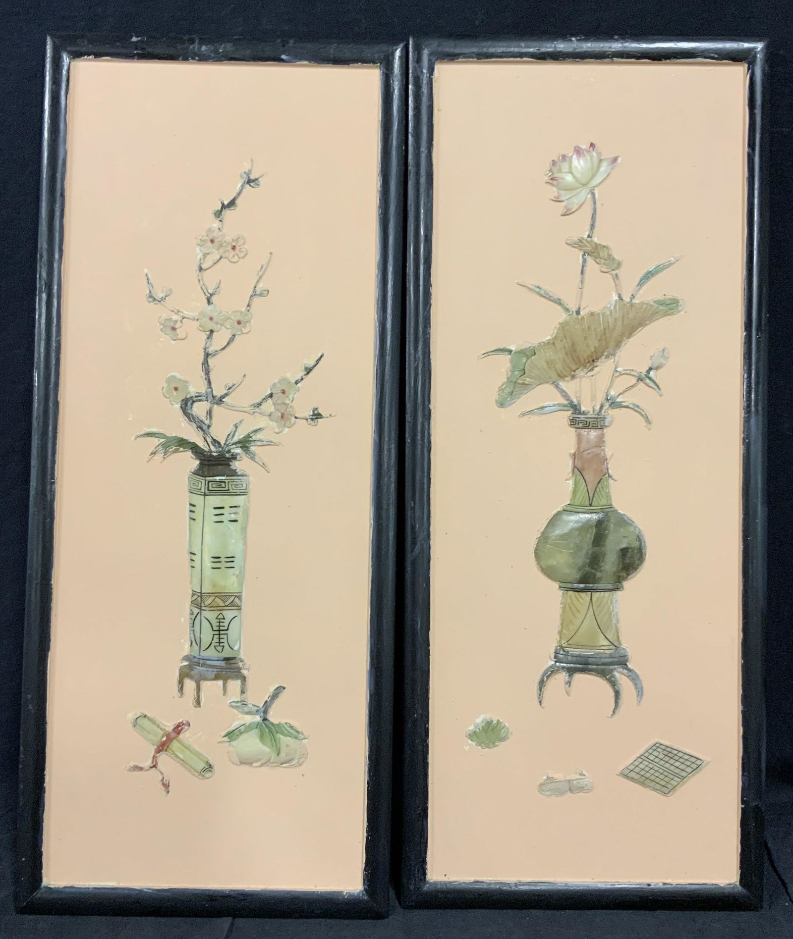 Pair Asian Relief Floral Still Life Panels (1 of 9)