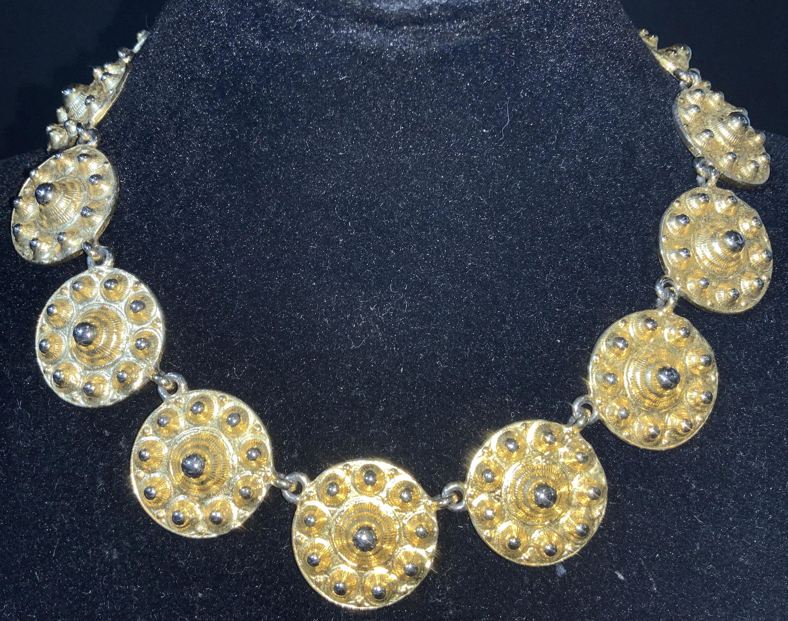 Lot Milor Italy, Sterling , Rhinestone Jewelry: Gold tone charm medallion choker necklace, 12 in. Chico’s Flapper necklace with crystal accents, 38 - 44 in. Chocked link chains, 14 in. Oval Rhinestone Bracelets, chain link bracelets, 7 in. Sterli