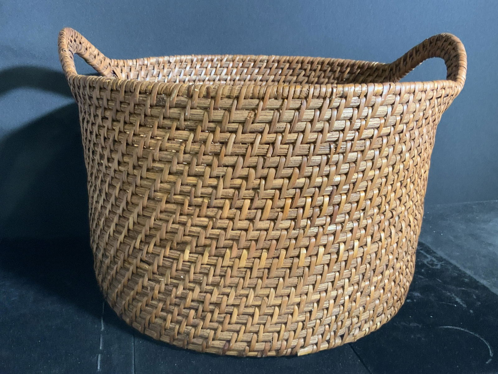 Handled Woven Straw Basket W/ Wooden Base (1 of 7)