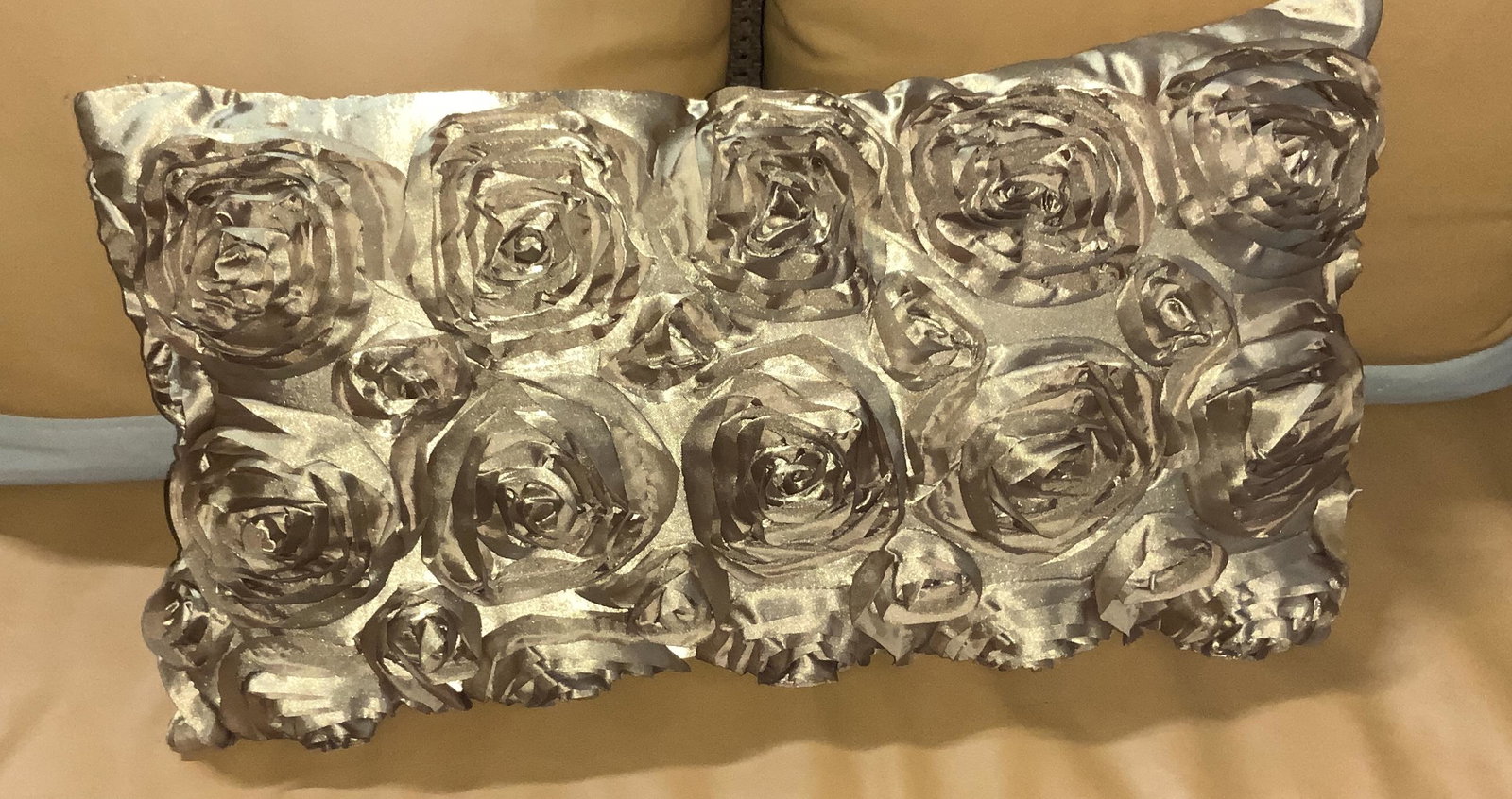 Rose Bud Bronze Fabric Toss Pillow: Sateen style fabric with ribbon rose Bud decor in relief. 22 x 11 in. Soft and squeezable. decorative pillow, rose Bud pillow, luxury toss pillow, Home Decor and Accessories, pillow, bronze sateen sty