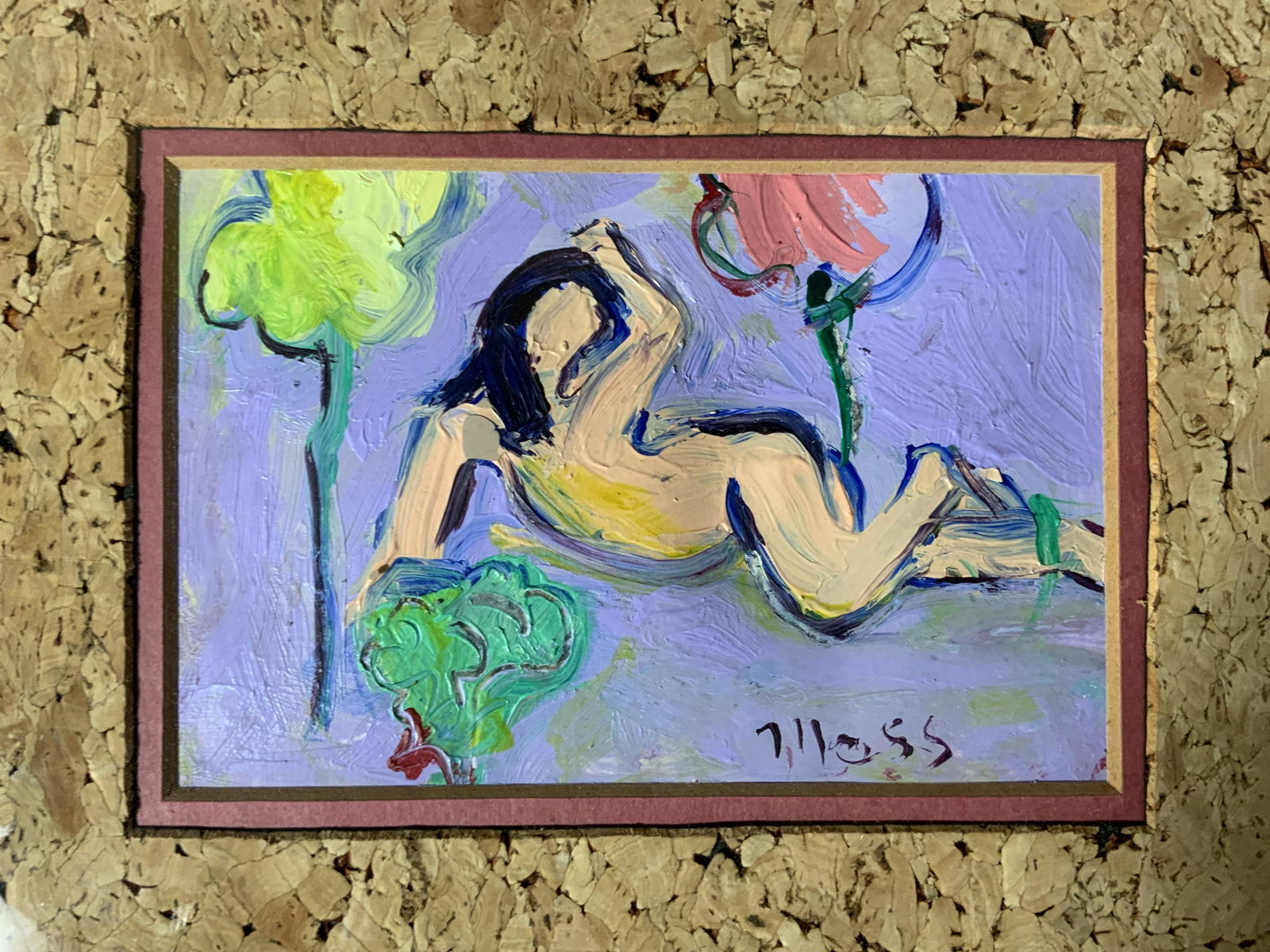 MOSS Signed Female Nude Acrylic Painting: MOSS Signed Female Nude Acrylic Painting, signature reads ‘Moss’, subject a reclining female nude, measures 8 1/4 x 10 inches wide, surface wear to frame, professionally framed, double matted in c