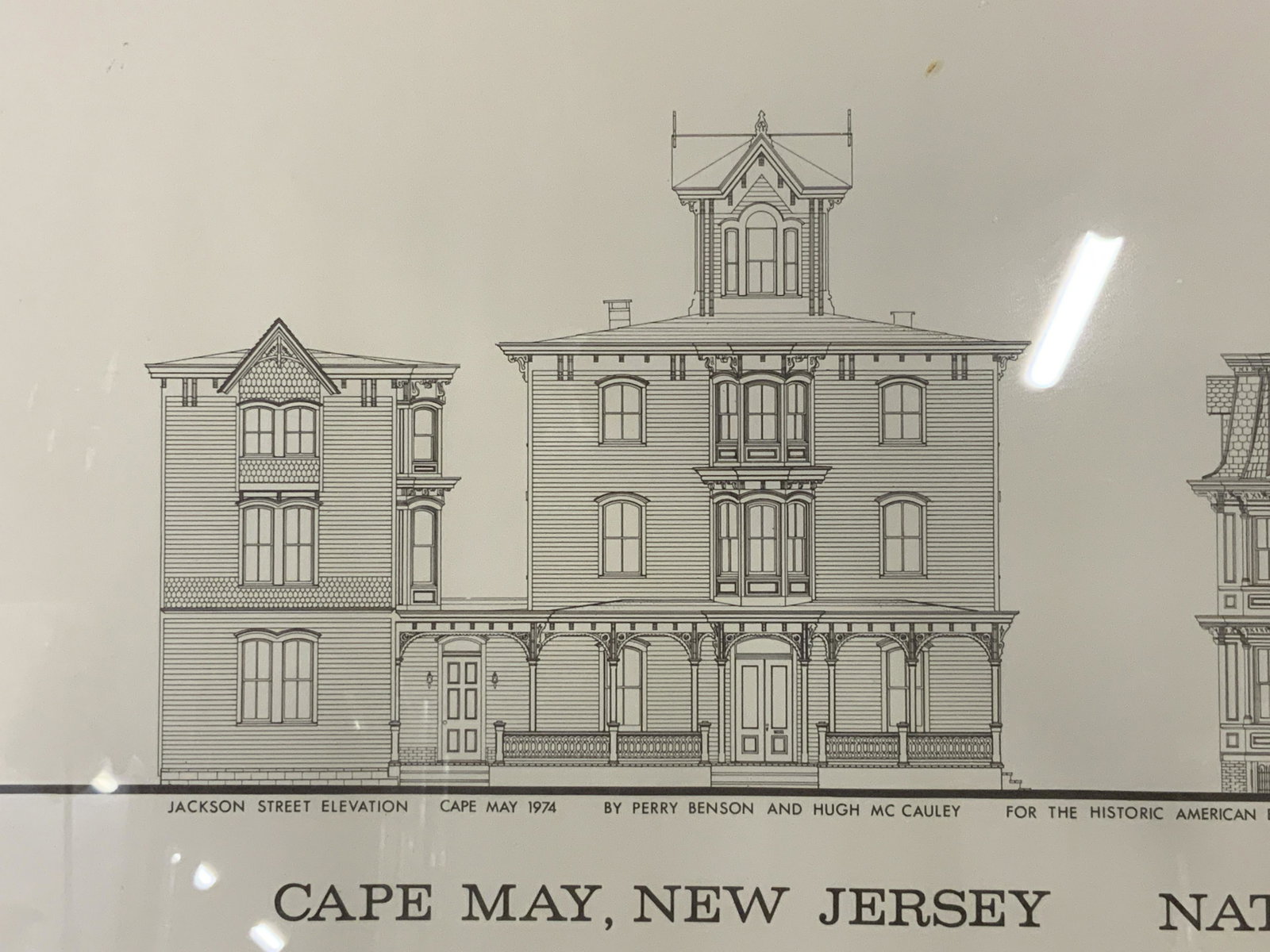 Limited Edition Architectural Engraving: Limited edition architectural engraving, edition to the lower right corner reads ‘416/600’, text from top to bottom reads ‘Jackson Street Elevation Cape May 1974 by Perry Benson and Hugh MC Caul